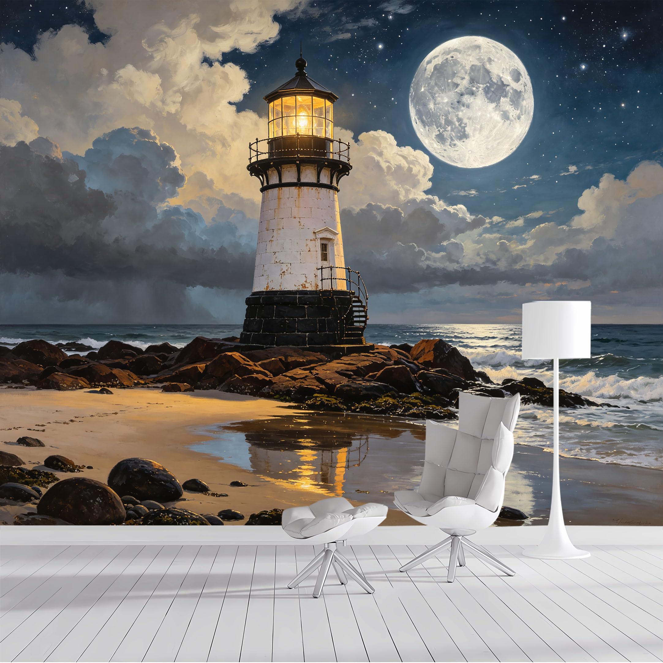 Custom Size Wall Mural Moonlit Lighthouse Seascape SelfAdhesive Wall Fabric Removable Peel and Stick Wallpaper Wall Decor for Living Room Bedroom Bathroom