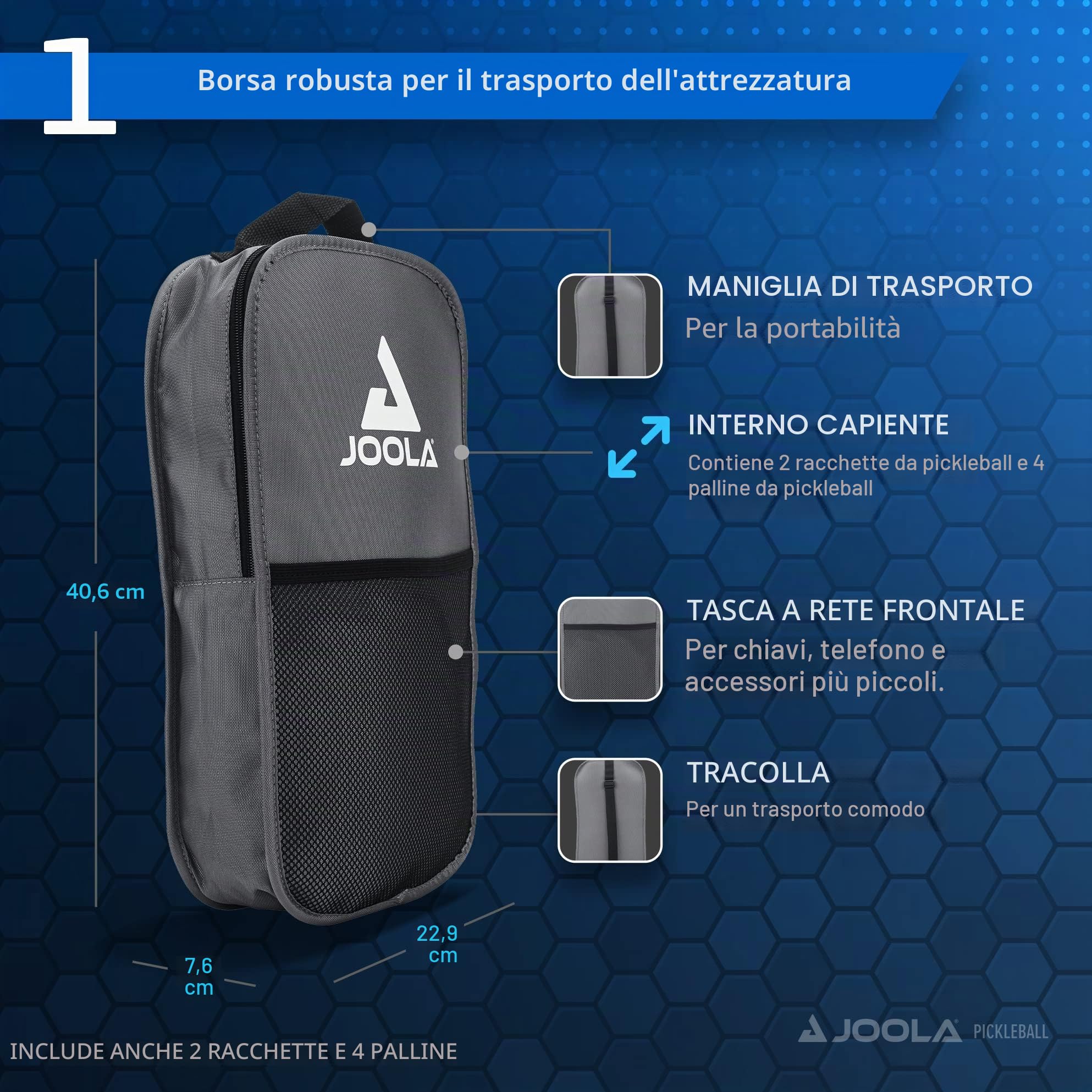 JOOLA Pickleball Set Blue Lightning, Include 2 Racchette, 4 Palline e una Borsa, Ideale per Giocatori Occasionali, 7 Pezzi