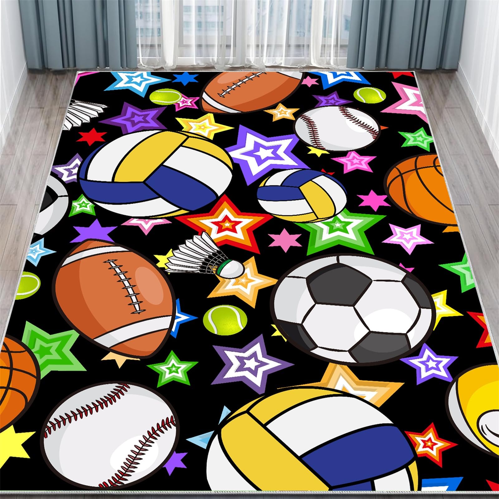 Arzunsy Teen Boy Sports Area Rug 160x230cm, Colourful Basketball Football Volleyball Carpet, Large Soft Washable & Non-Slip Mat for Bedroom, Game Room Decor