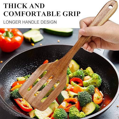 Miniatura 3 de Espátula de madera de acacia de 12 pulgadas para utensilios de cocina, espátulas ranuradas, las mejores espátulas no tóxicas antiadherentes de