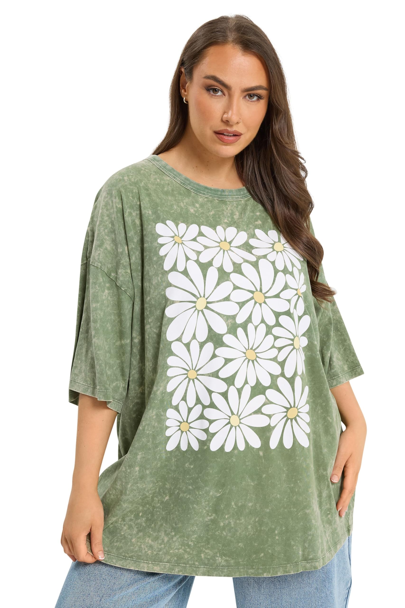 Yours Women's Acid Wash Boxy Daisy Print T-Shirt in Green | Size: 22-24