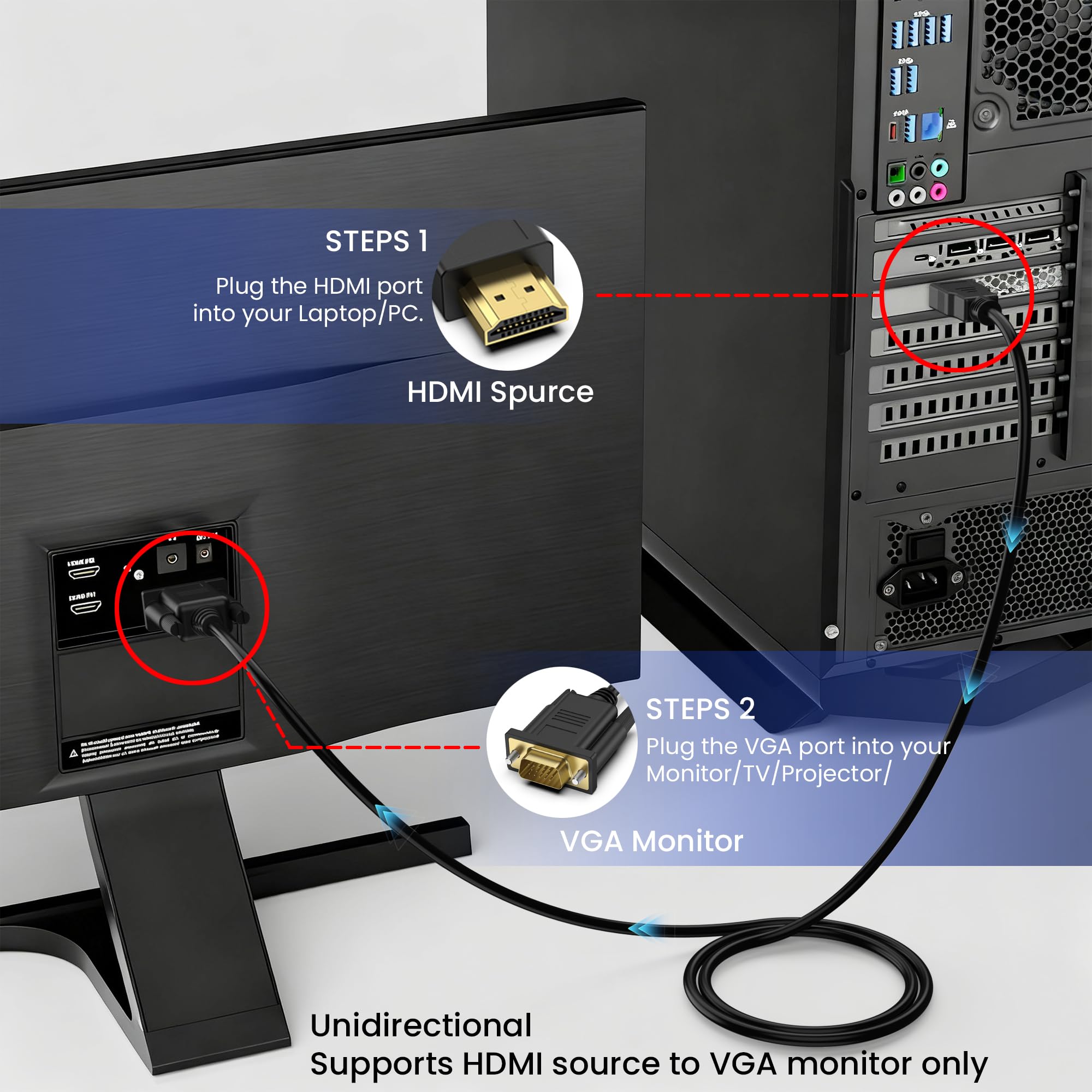 Wanme HDMI to VGA Cable, 1080P@60Hz Uni-Directional HDMI Source to VGA Display Cable (Male to Male) Compatible for Computer, Desktop, Laptop, PC, Monitor, Projector, HDTV, Roku, Xbox, PS5 (3.3FT) — Amazon image 6