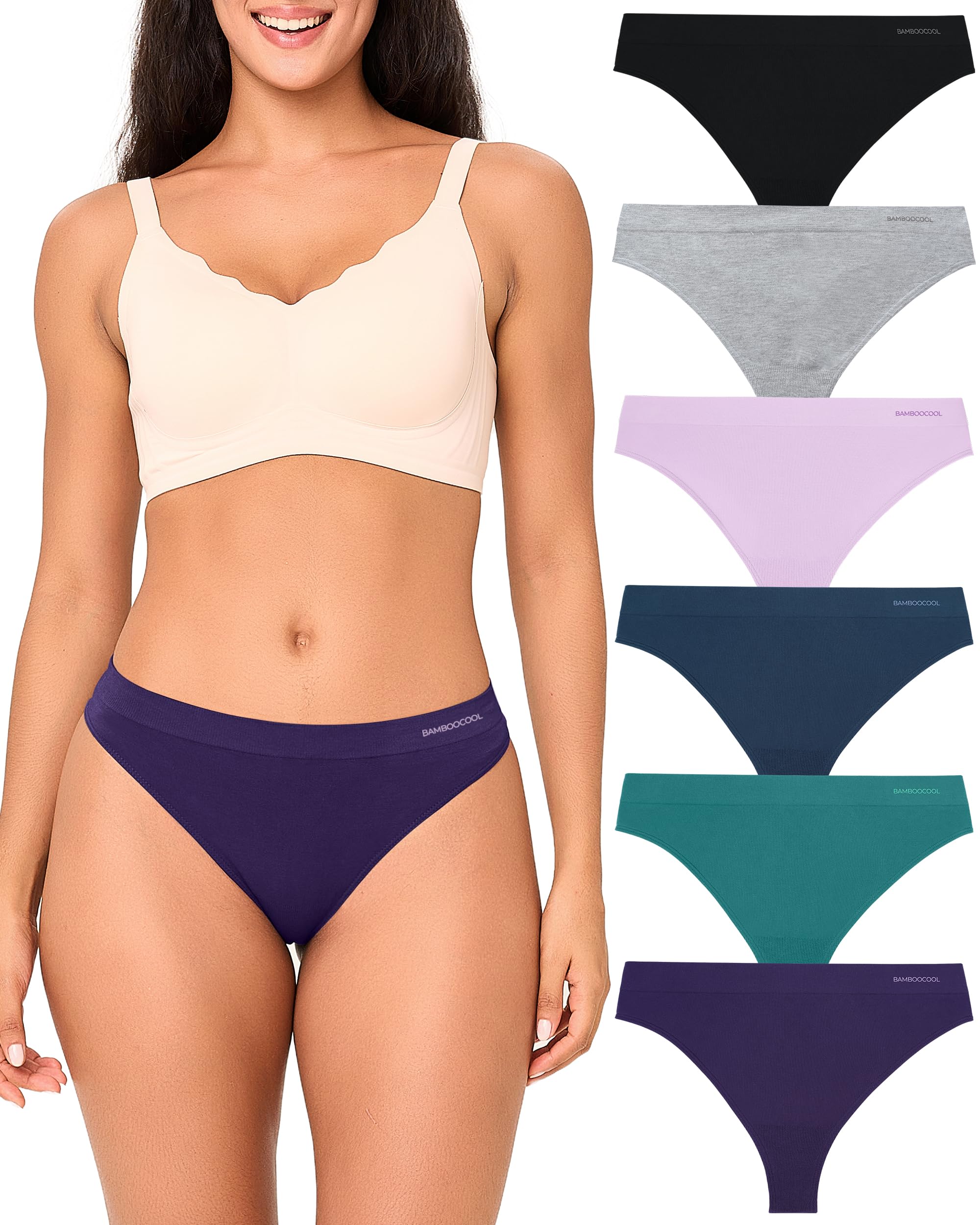 BAMBOO COOL Womens Thongs Seamless Moisture-Wicking Breathable Underwear High Stretchy Mid Waisted Panties Tagless 6 Pack