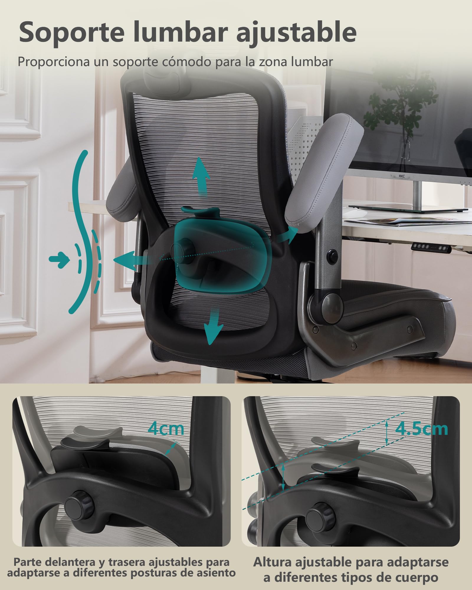 Silla Escritorio con Soporte Lumbar Ajustable y Reposacabezas, Capacidad de Carga de 350 kg, Respaldo de Malla con Función de Inclinación, Reposabrazos Abatibles, Silla Oficina Ergonomica (Gris)