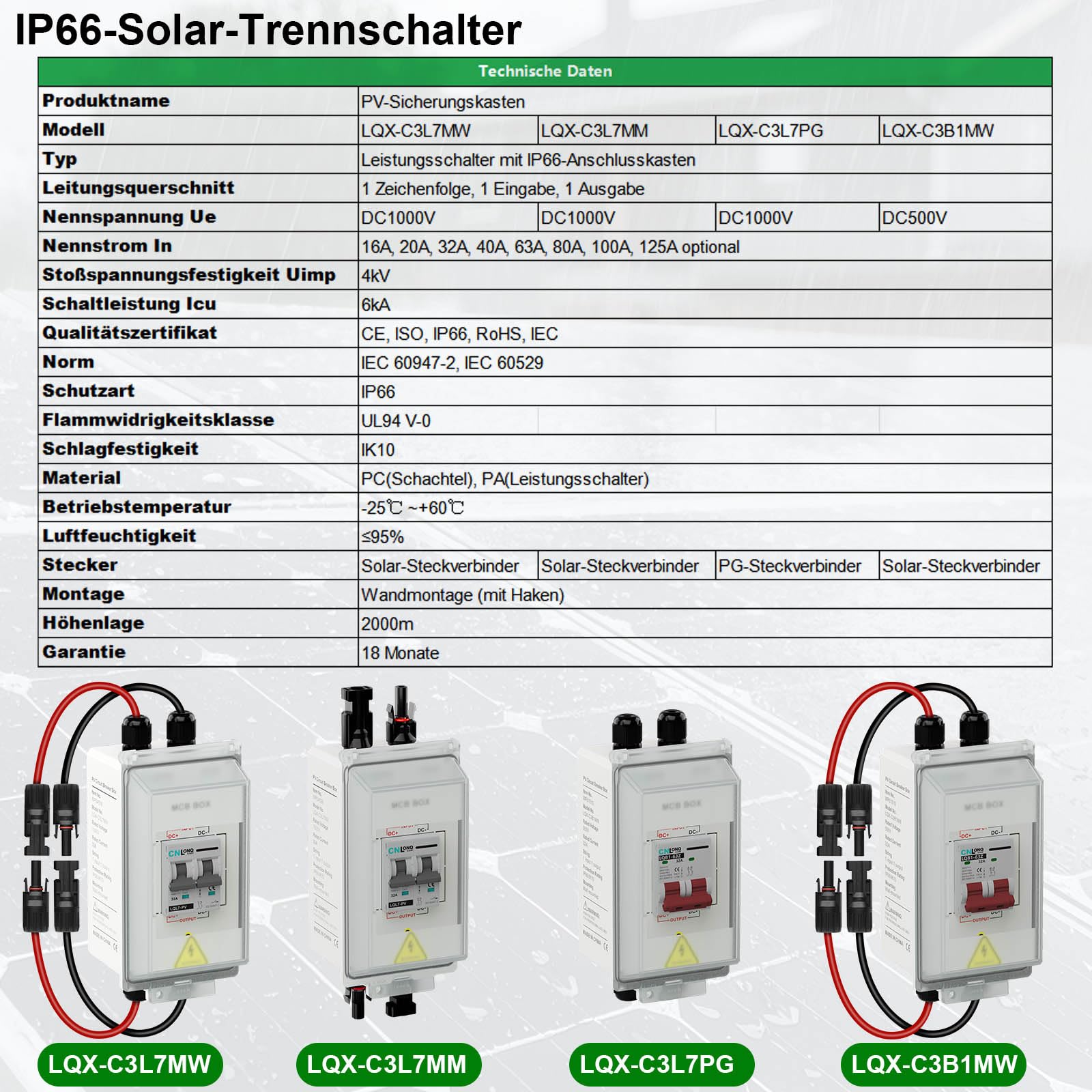 CNLONQ DC Trennschalter PV Anlage 20A 500V Sicherungsautomat 2polig IP66 Wasserdicht mit Solar Kabel und Metallhaken für Solarmodule, Einspeisesteckdose und Balkonkraftwerk