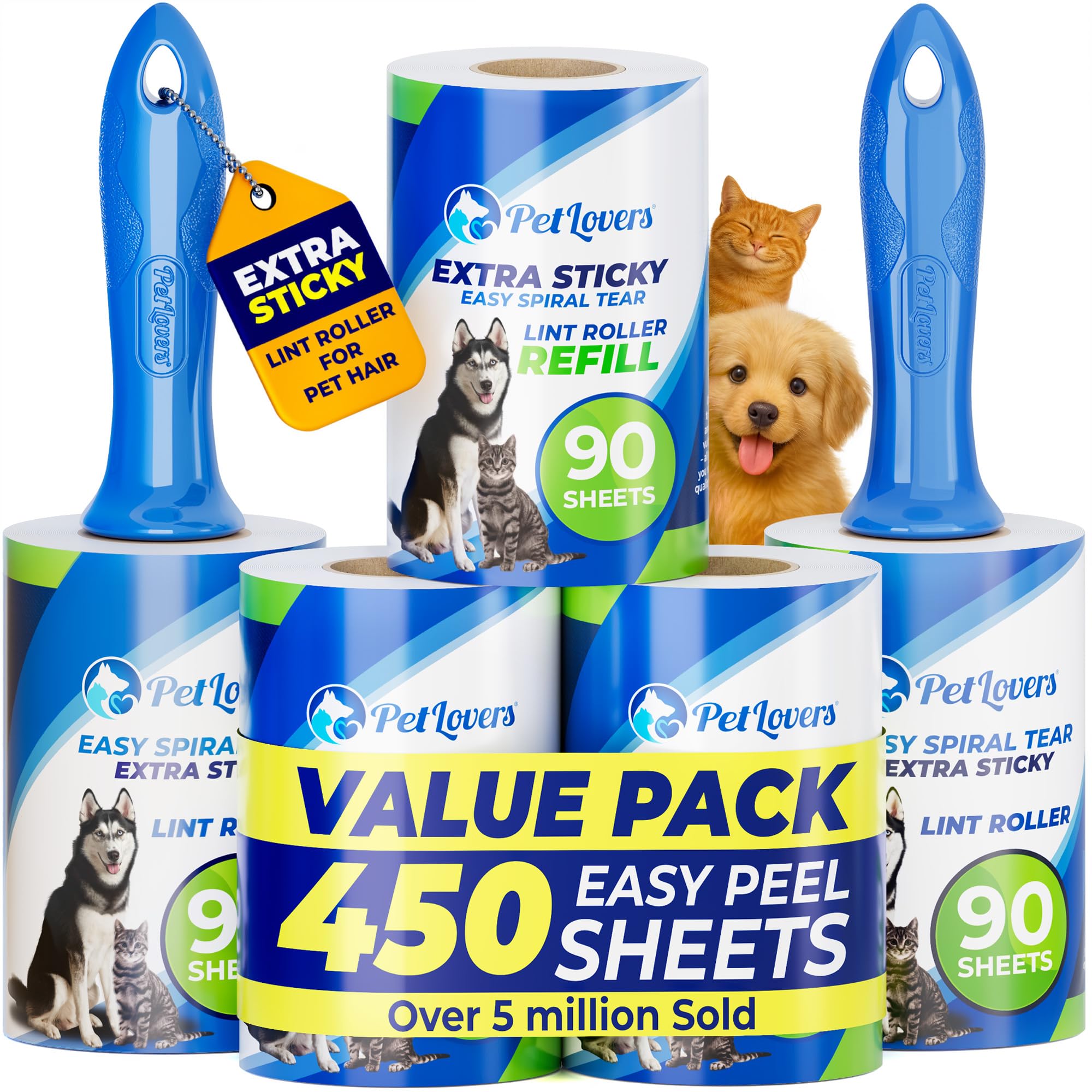 PetLovers Extra Sticky Lint Roller Mega Value Set 450 Sheets for Pet Hair Removal and Clothes, Dog and Cat Lint Remover 5 Pack