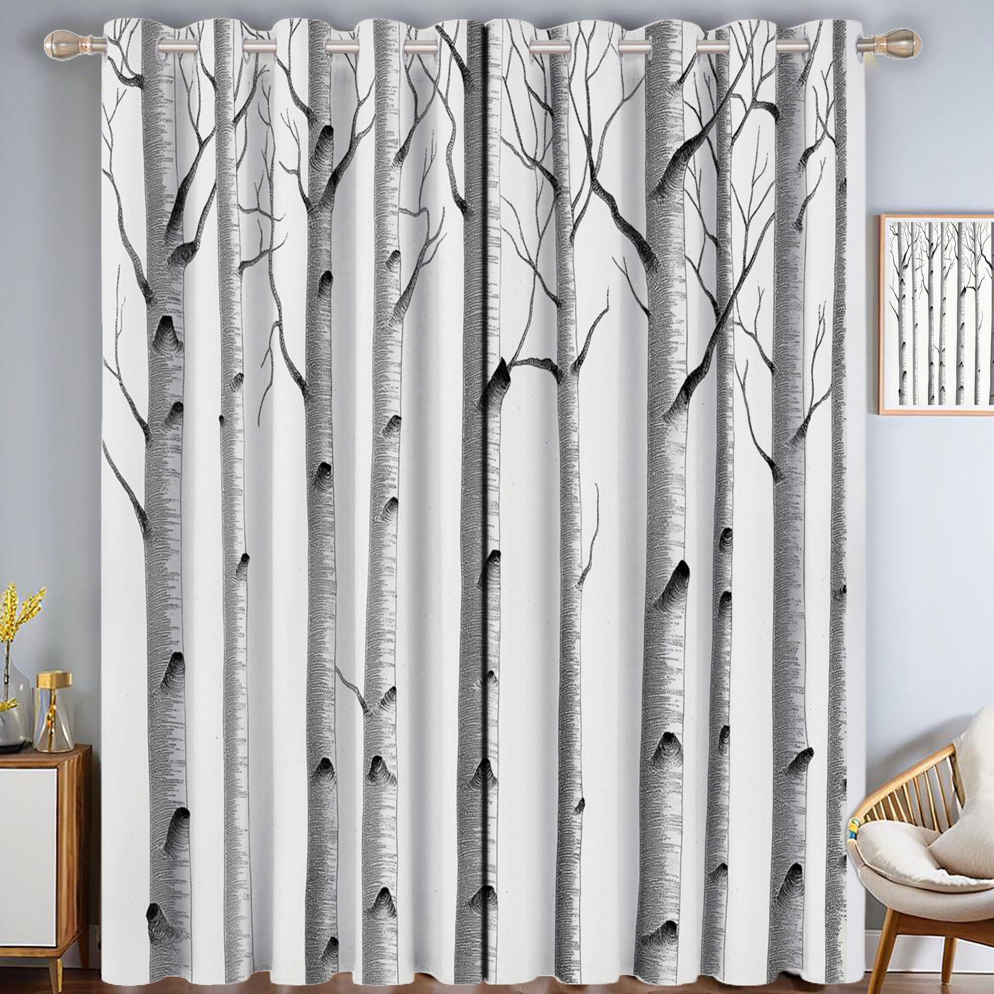 Rideaux anti froid et lumière motif forêt bouleau blanc cassé 240h
