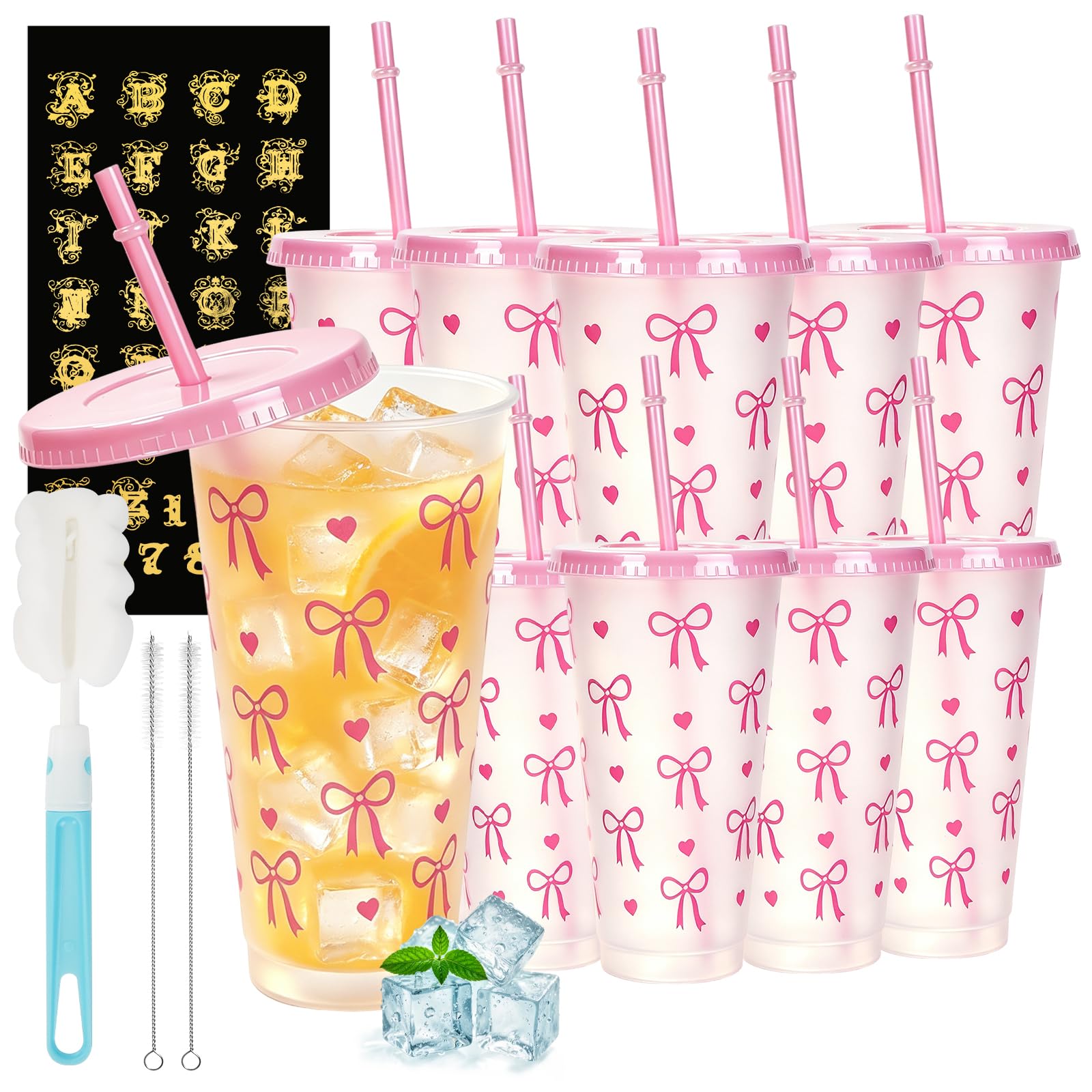 QLFJ-FurDec 10Pcs 710ML/24oz Plastic Cups with Lids and Straws, Reusable Transparent Cold Drinking Cup, Pink Iced Water Tumbler for Party Wedding Baby Shower Birthday Decor, with Brushes and Stickers