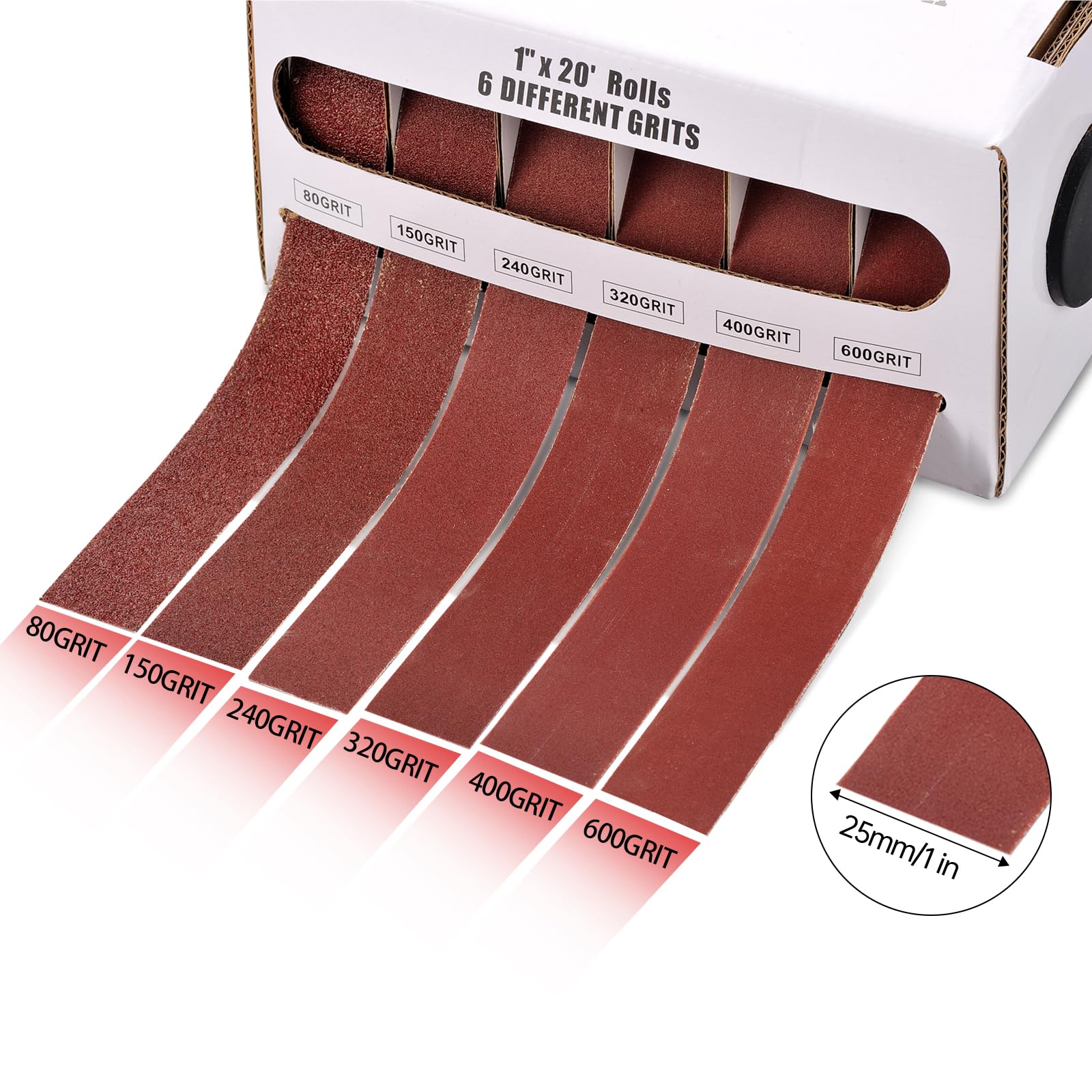 Rollo de tela de esmeril, rollo de papel de lija de grano 6 de 1 pulgada x 20 pies con dispensador, grano 80, 150, 240, 320, 400, 600, papel de lija abrasivo, hojas de lija para muebles de
