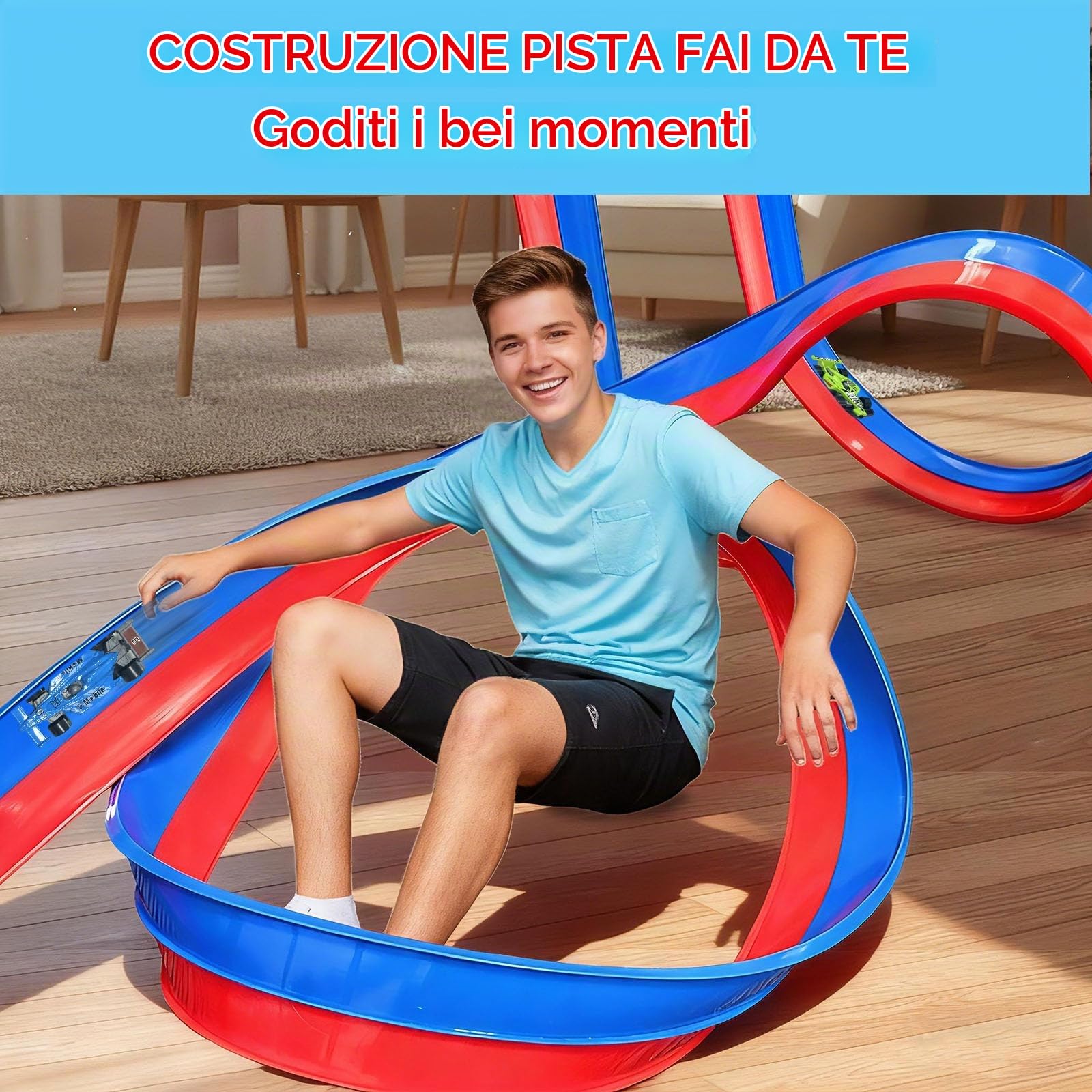 Pista Macchinine Arrotolabile, 4.5 Metri Pista Cars, Set da Piste Auto Flessibile, Piste Da Corsa con Veicolo Incluso, Car Track Giocattolo con Accessori per Bambini