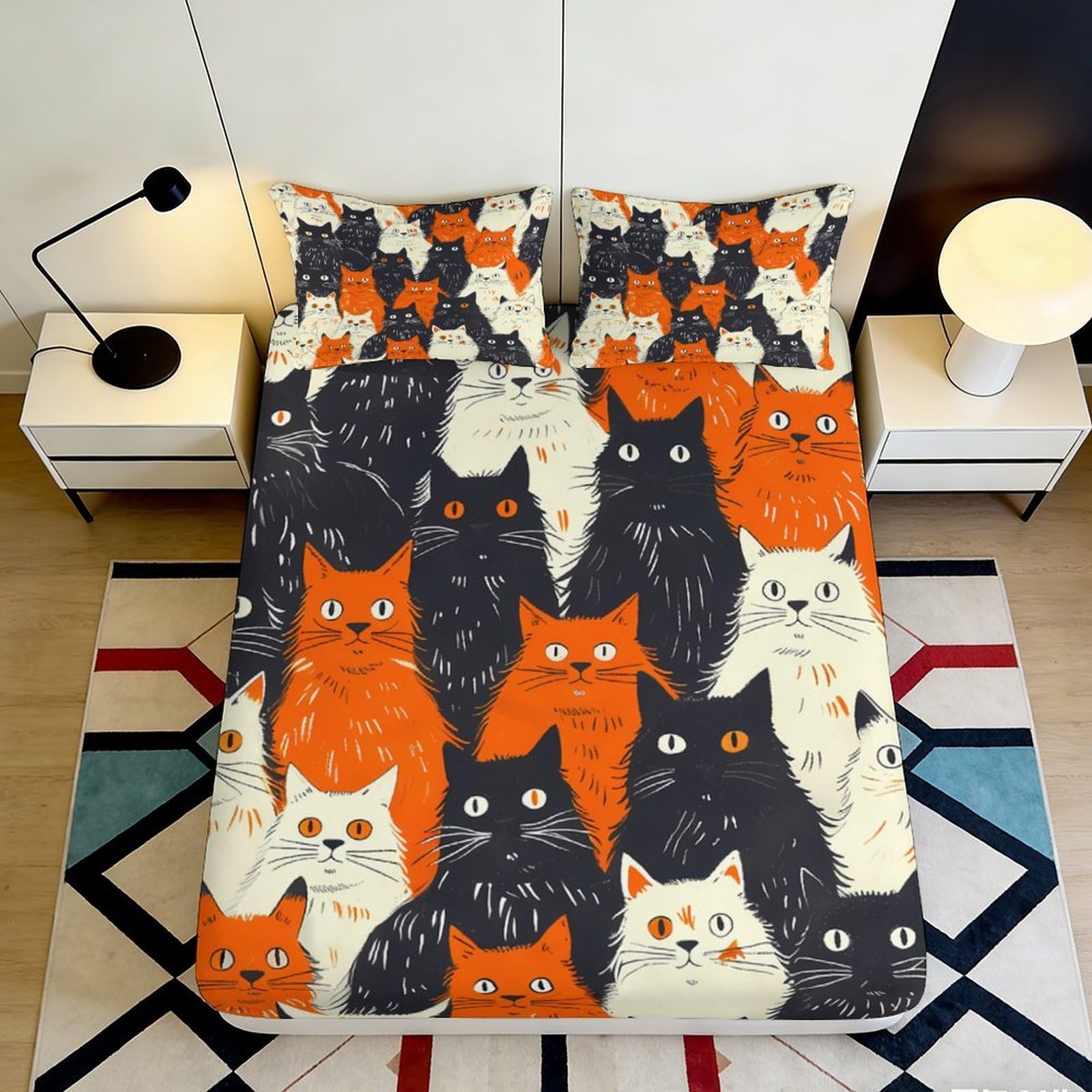 Jqzkxnhpbr Style-1 3D Printed Cartoon Cat Fitted Sheet Microfiber Orange Black White Art Bed Cover For Bedroom Dorm Rental Mattress Protection Decor 90X200x25cm