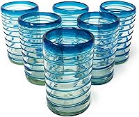 Vista 1 de Dos Sueños Hand Blown Mexican Drinking Glasses – Set of 6 Glasses with an Aqua Spiral Design (14 oz each)