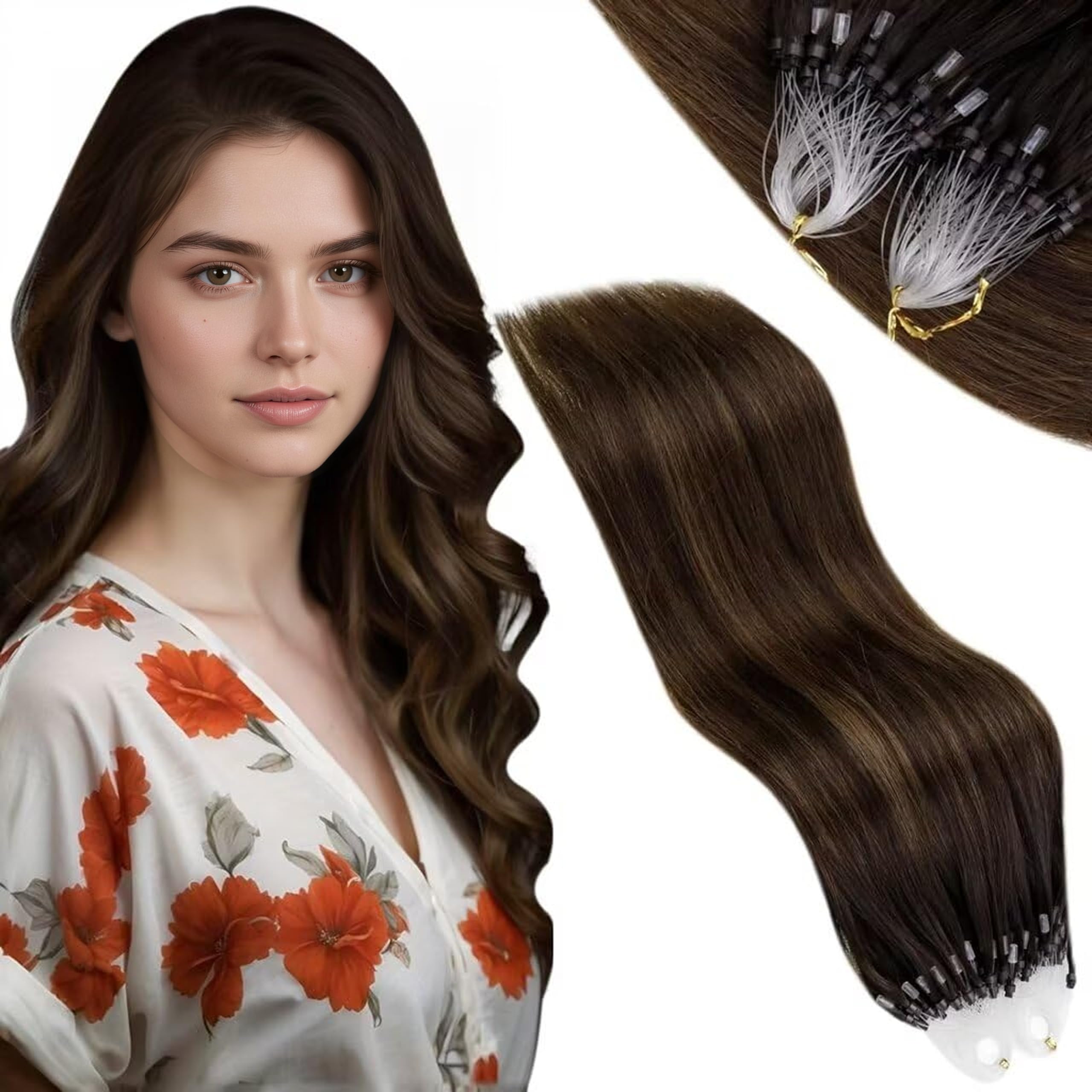 Vivien 24 Inch Micro Beads Extensions Real Human Hair Balayage Brown Remy Micro Loop Hair Extensions Dark Brown to Light Ombre Invisible Long for Women 50g 50s #2/8/2