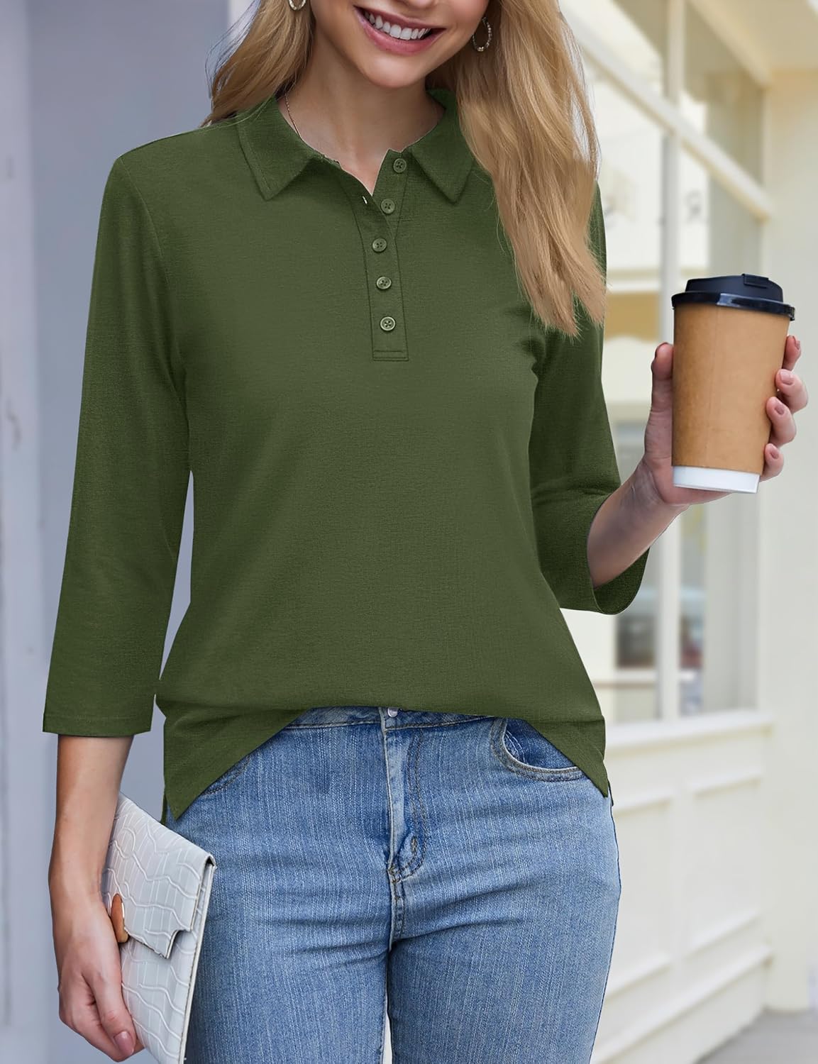 YUCOLEN Polo Shirts for Women 3/4 Sleeve Tops Golf Tees 5-Button Collared Cotton Shirt Business Casual - Image 3