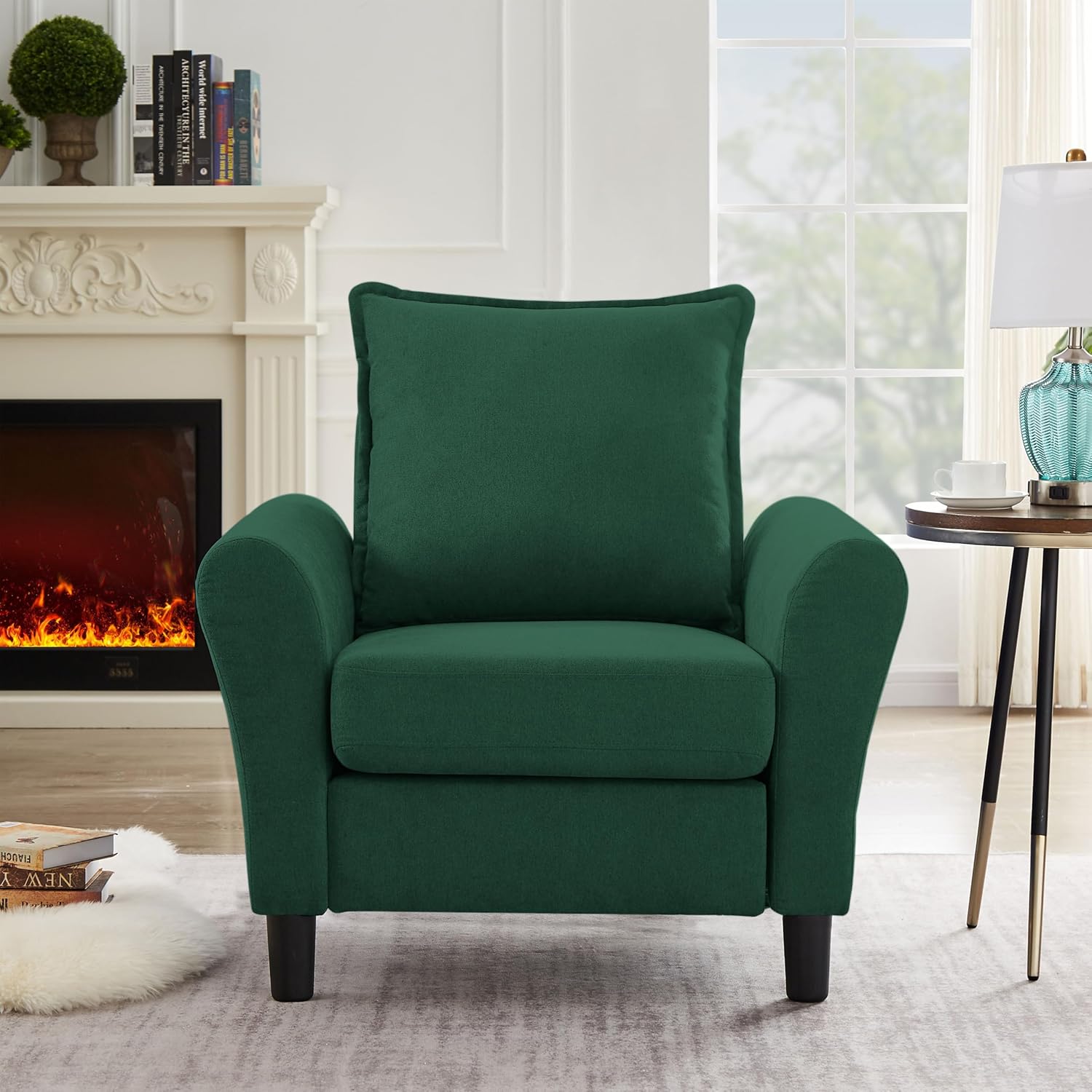 Accent Chair, Mid-Century Modern Living Room Chairs Single Armchair, Upholstered Reading Chair with Wooden Legs for Living Room/Bedroom/Office/Balcony, Green
