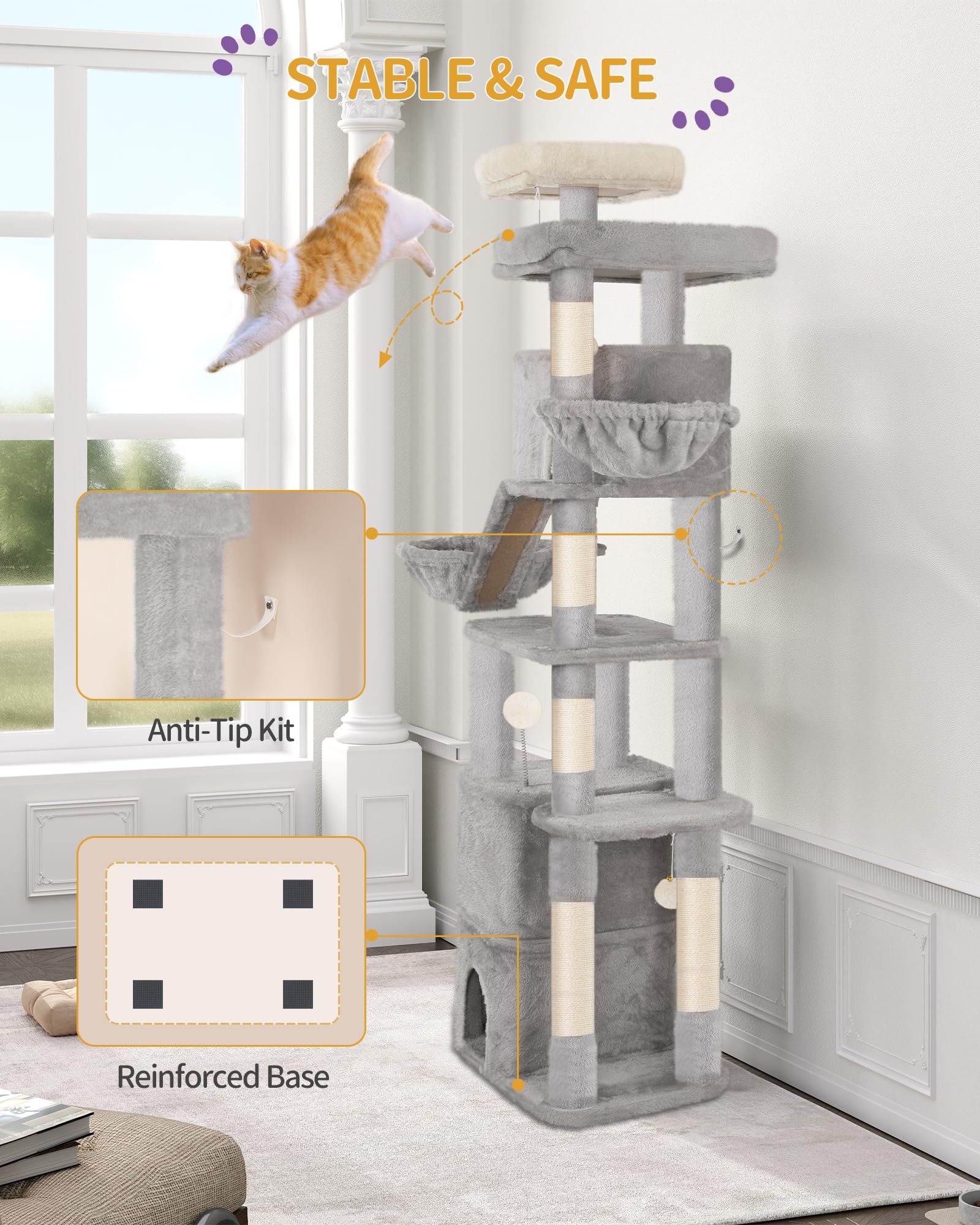 Hzuaneri Rascador grande, 185 cm, estable con 6 columnas para rascar, 3 cuevas, 2 plataformas de observación, 2 cestas, 4 bolas de peluche, árbol rascador para gatos de varios niveles, gris claro