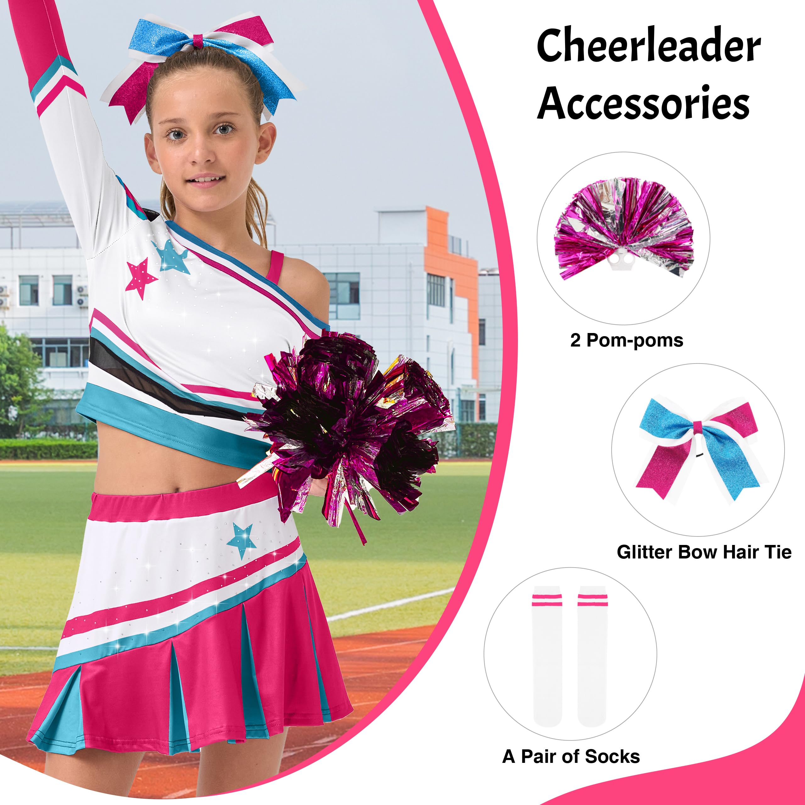 LOLANTA Girls Sparkly Cheerleader Costume with Pom Poms, Hair Bow & Socks, Fancy Dress Outfit, pink, 9-10 Years, 140 - Image 2