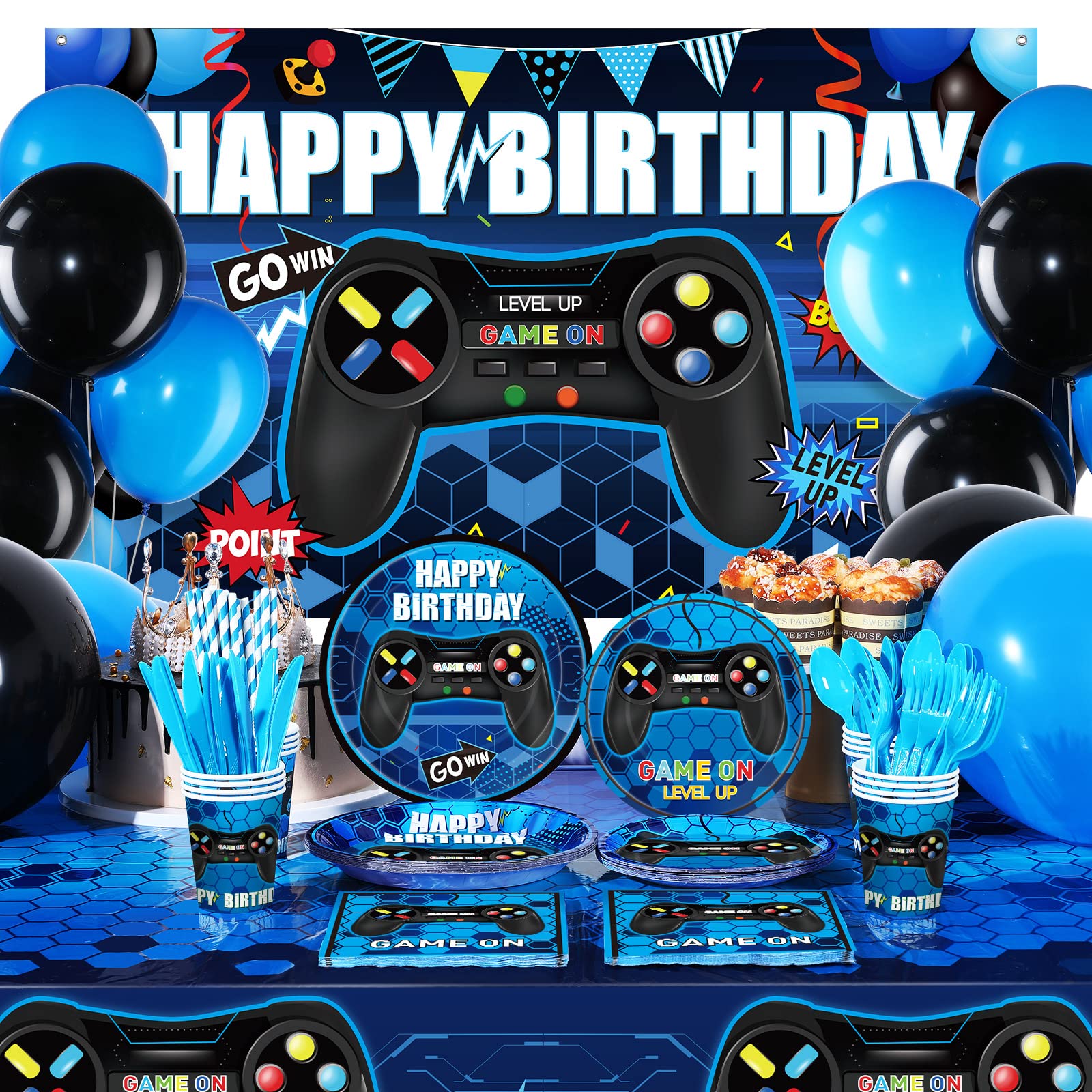 Tatuo 152 Pieces Video Game Birthday Party Supplies Gamer Party Table Cover Happy Birthday Backdrop Banner Tableware Balloons Sets for Boys Men Theme Party Decoration