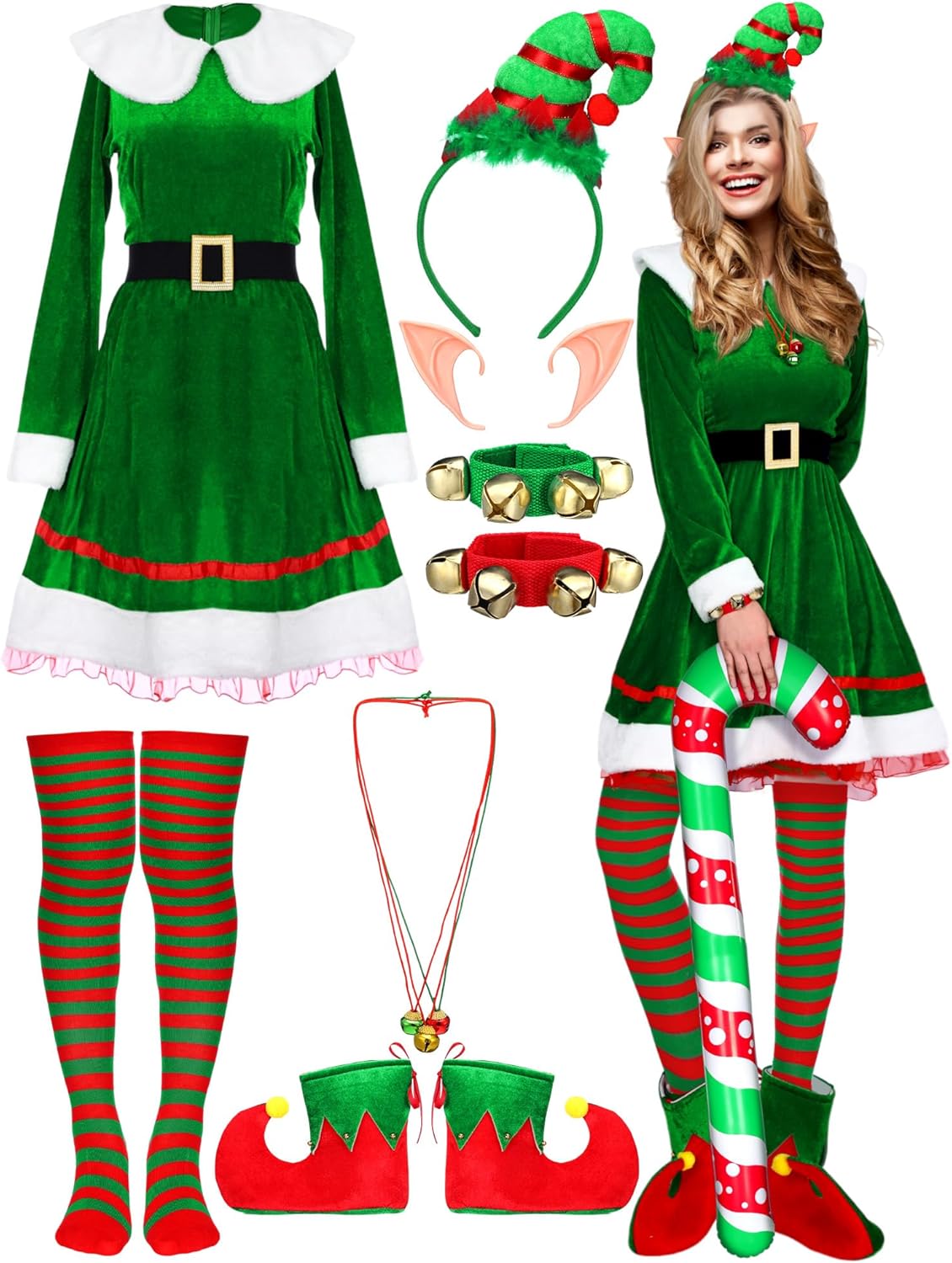 Nuanchu 14 Pcs Women Christmas Elf Costume Set Christmas Velvet Dress Santa's Helper Costume Outfit for Xmas Party Cosplay Medium