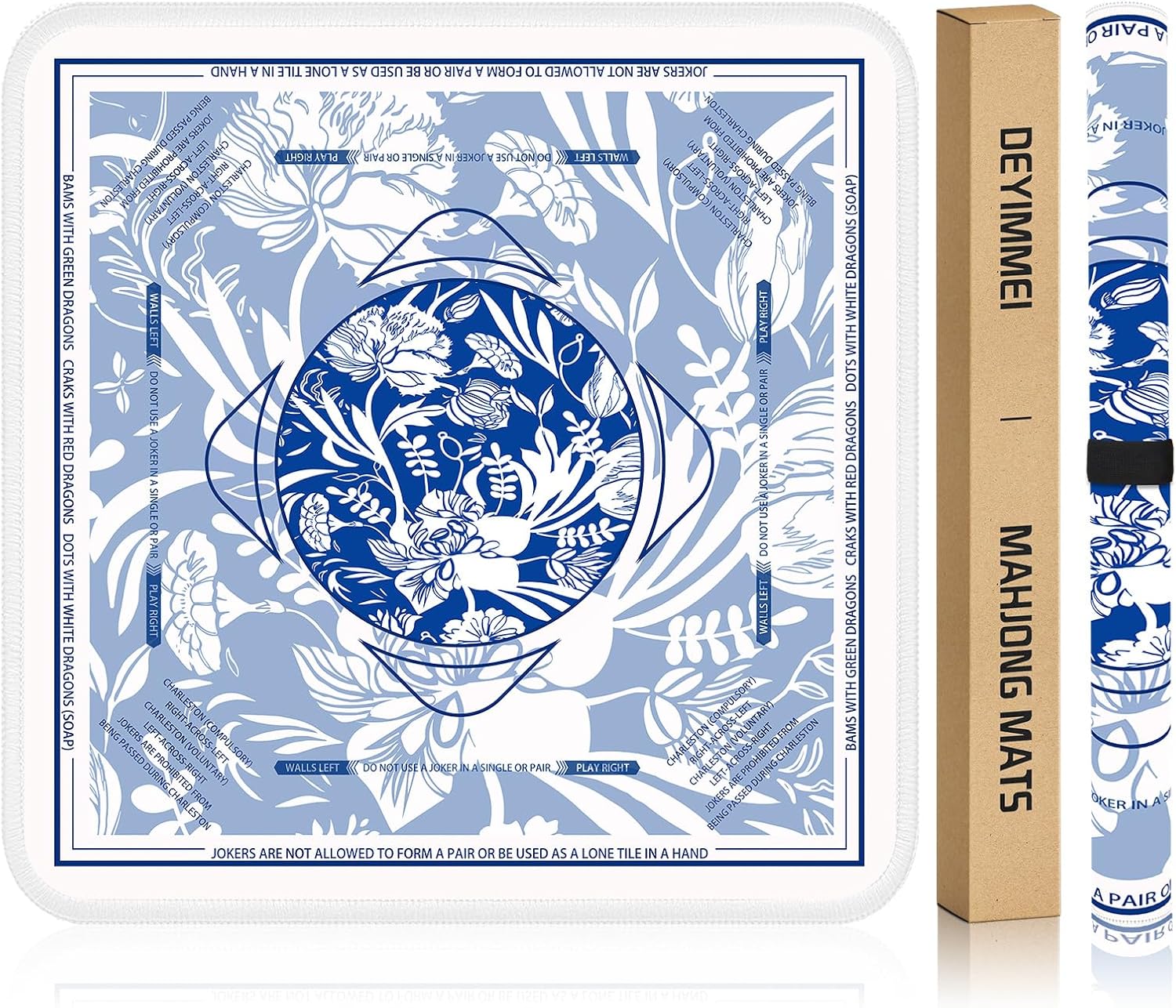Deyimmei Neoprene Mahjong Mat for Table 31.5"x31.5" - Non-Slip, Noise Reduction Cover with Storage Pockets, American Rules & Crease-Free Rolled Shipping (Ceramic Blooms)