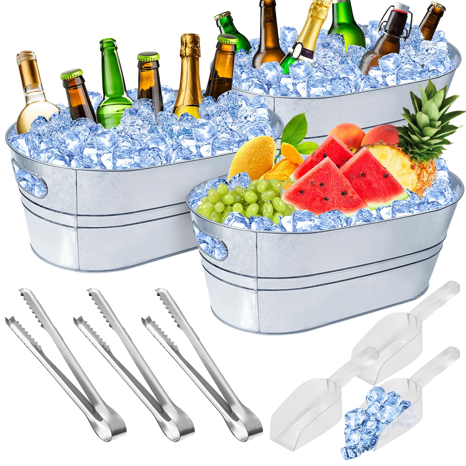 4 Gallon Large Ice Buckets for Parties, IKAYAS Galvanized Ice Bucket Ice Tub with Scoop and Stainless Steel Tongs for Cocktail Bar Mimosa Bar Supplies, Champagne Bucket Beer bucket Metal Tub (3 Pack)