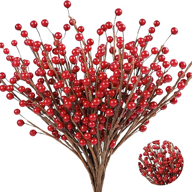 Homcomodar 14 Pack Christmas Berry Twig Stems Artificial Red Berry Branches for Christmas Tree Holiday Crafts Wedding Decorations