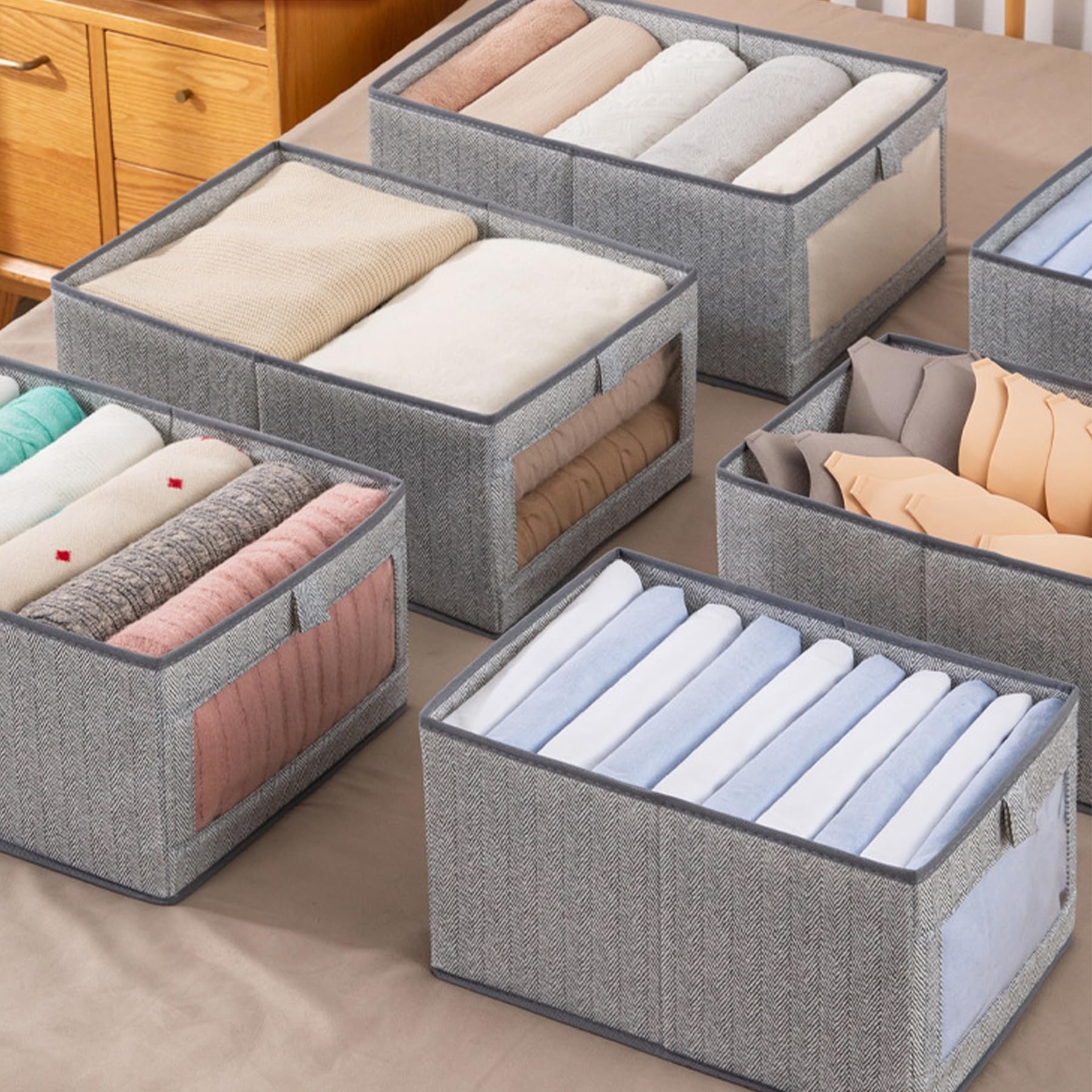 Set di 5 scatole portaoggetti in tessuto, organizer per vestiti, con finestra trasparente, per jeans, pantaloni, camicie, leggings, maglioni, grandi