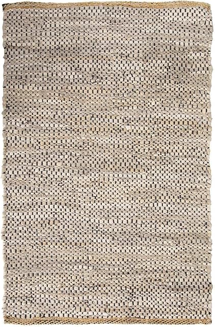 Bravich Beige Leather Chindi Rug Handmade Area Rag Rug 100% Recycled Leather Cotton Floor Mat Hand Woven Traditional Indian 60x90cm (2'x3')