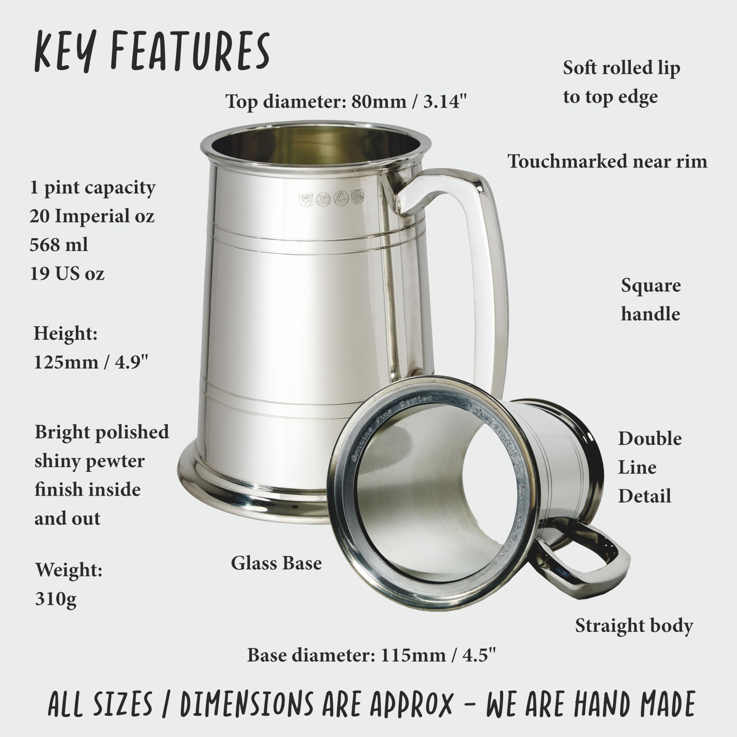 Wentworth Pewter - Double Lined Glass Base 1 pint pewter Tankard