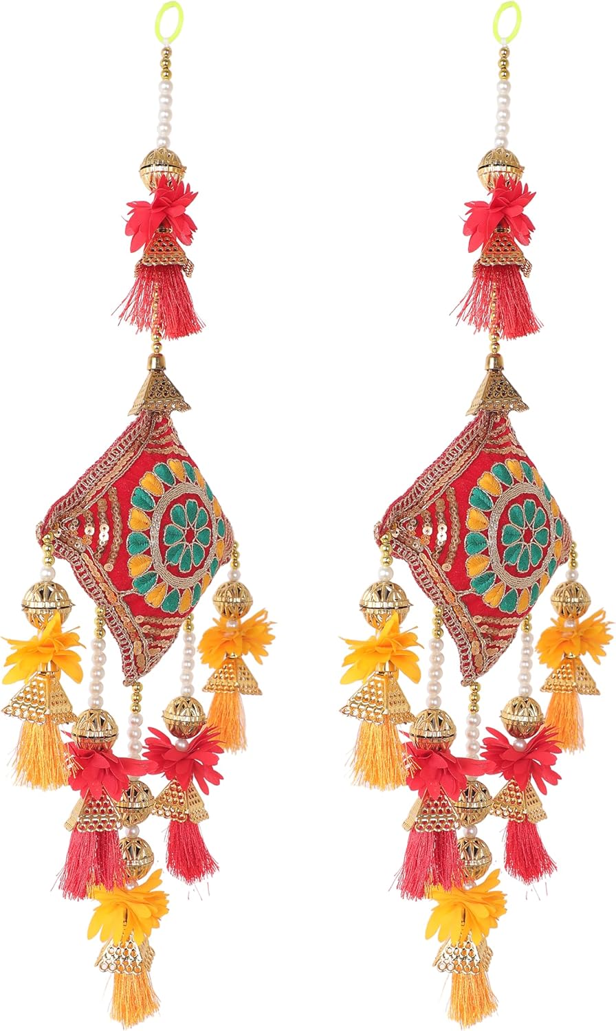Aditri Creation Set of 2 Door Hanging with Artificial Flower and Tessels Made up of String with Bell for Home Wall Indian Traditional Decor New Year Festival Decorations (Size:-20")(Multicolor)