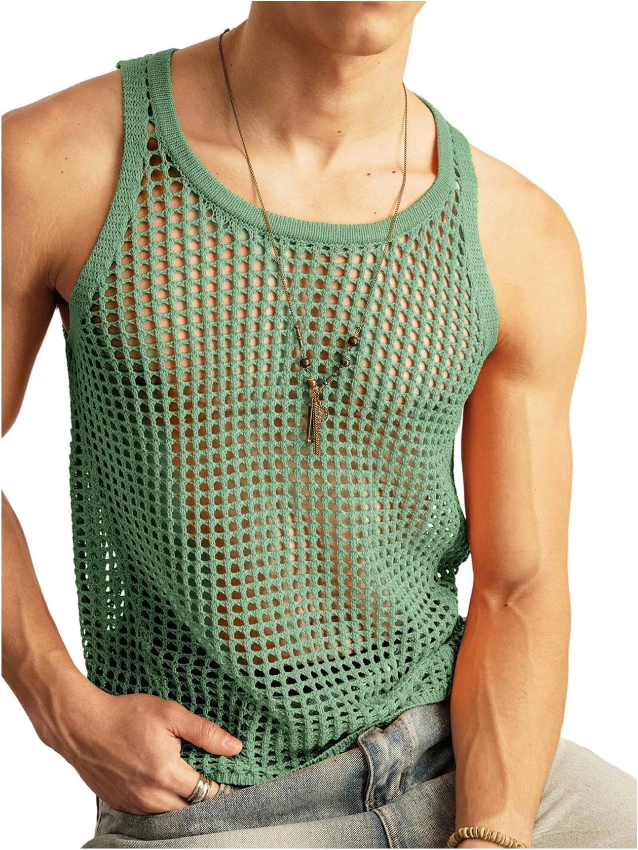 SHENHE Men's Crochet Sweater Vest Hollow Out Loose Knit Sleeveless Crew Neck Sweater Tank