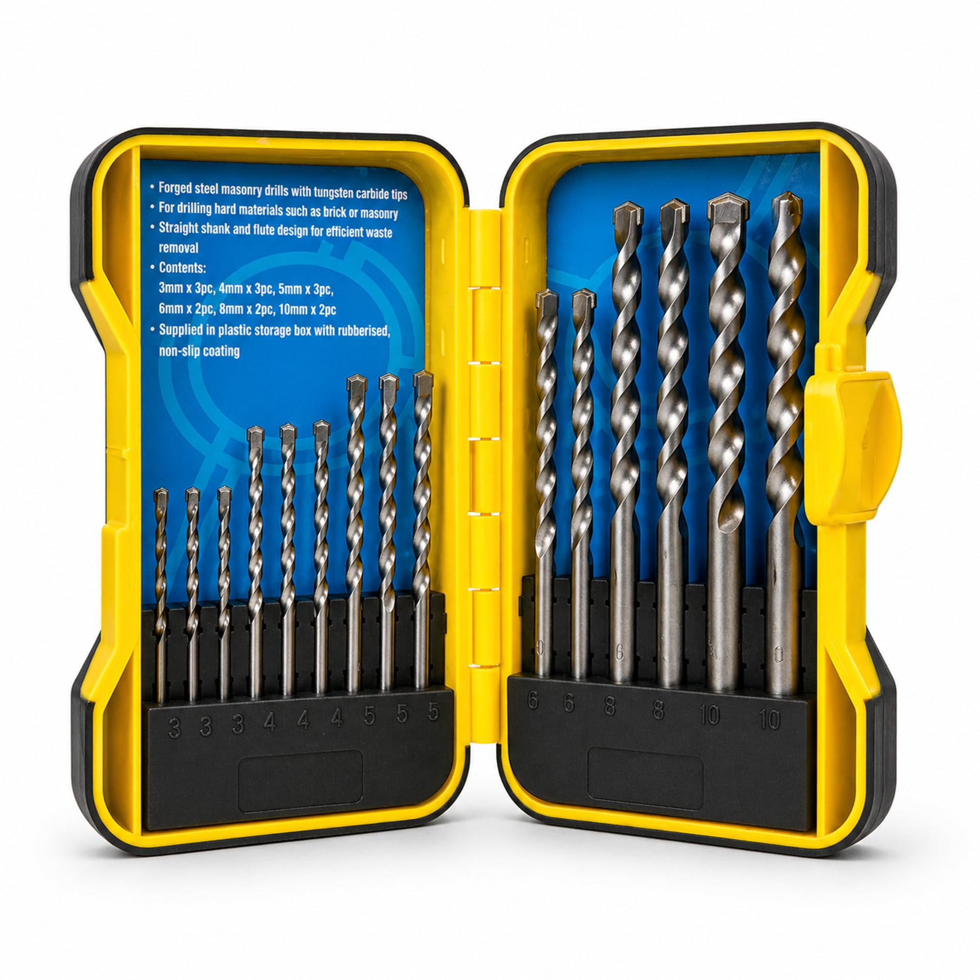 NAVOYS | Masonry Drill Bit Set 13 Piece | Tungsten Carbide Tip Drill Bits for Brick, Concrete, Stone & Block | Heavy Duty Twist Drill Bits with Storage Case – 3mm, 4mm, 5mm, 6mm, 8mm, 10mm