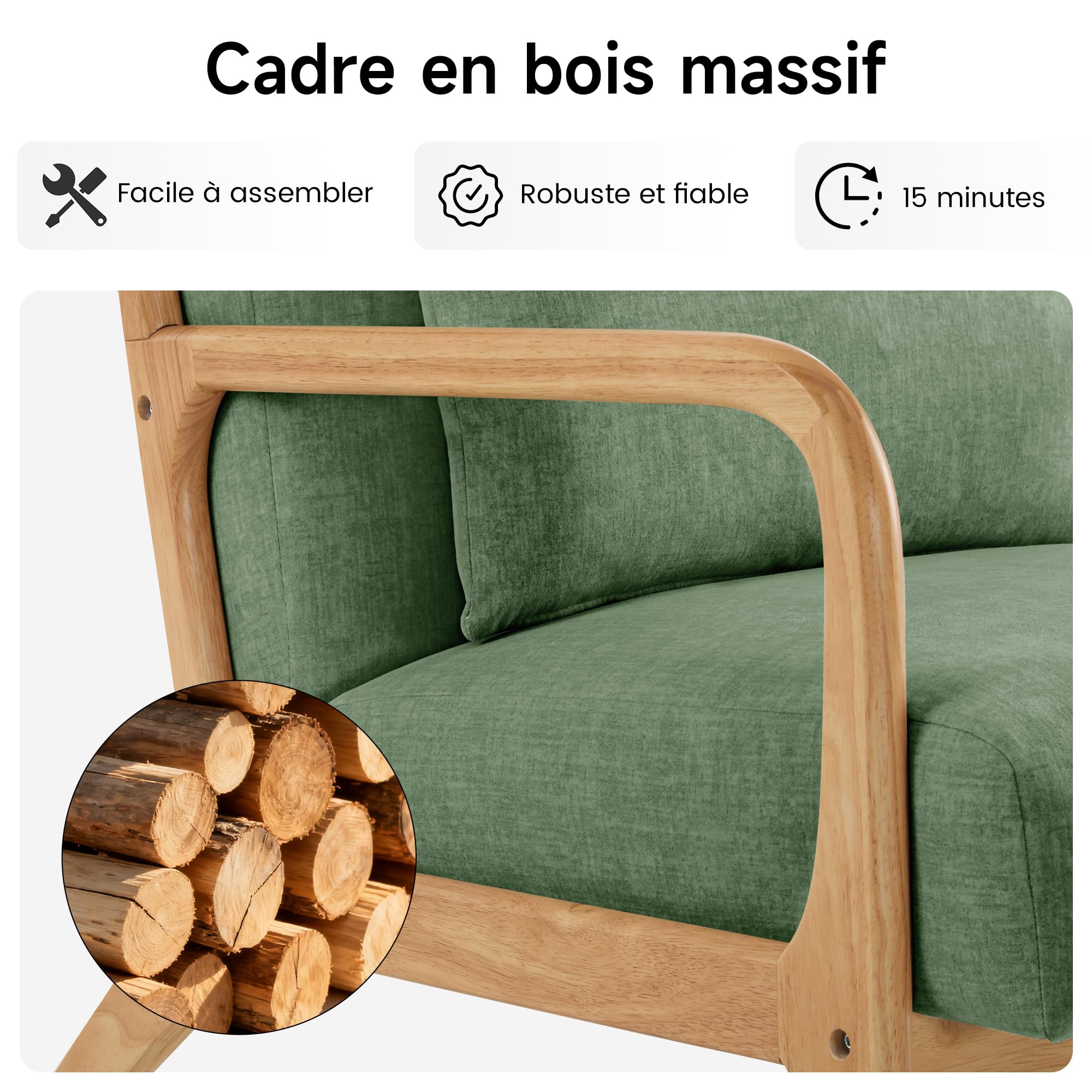 Fauteuil d'Accent Moderne avec Oreiller Sillon Confortable Cadre en Bois Massif Tapissé Style Mid-Century pour Lecture Salon Chambre,Vert