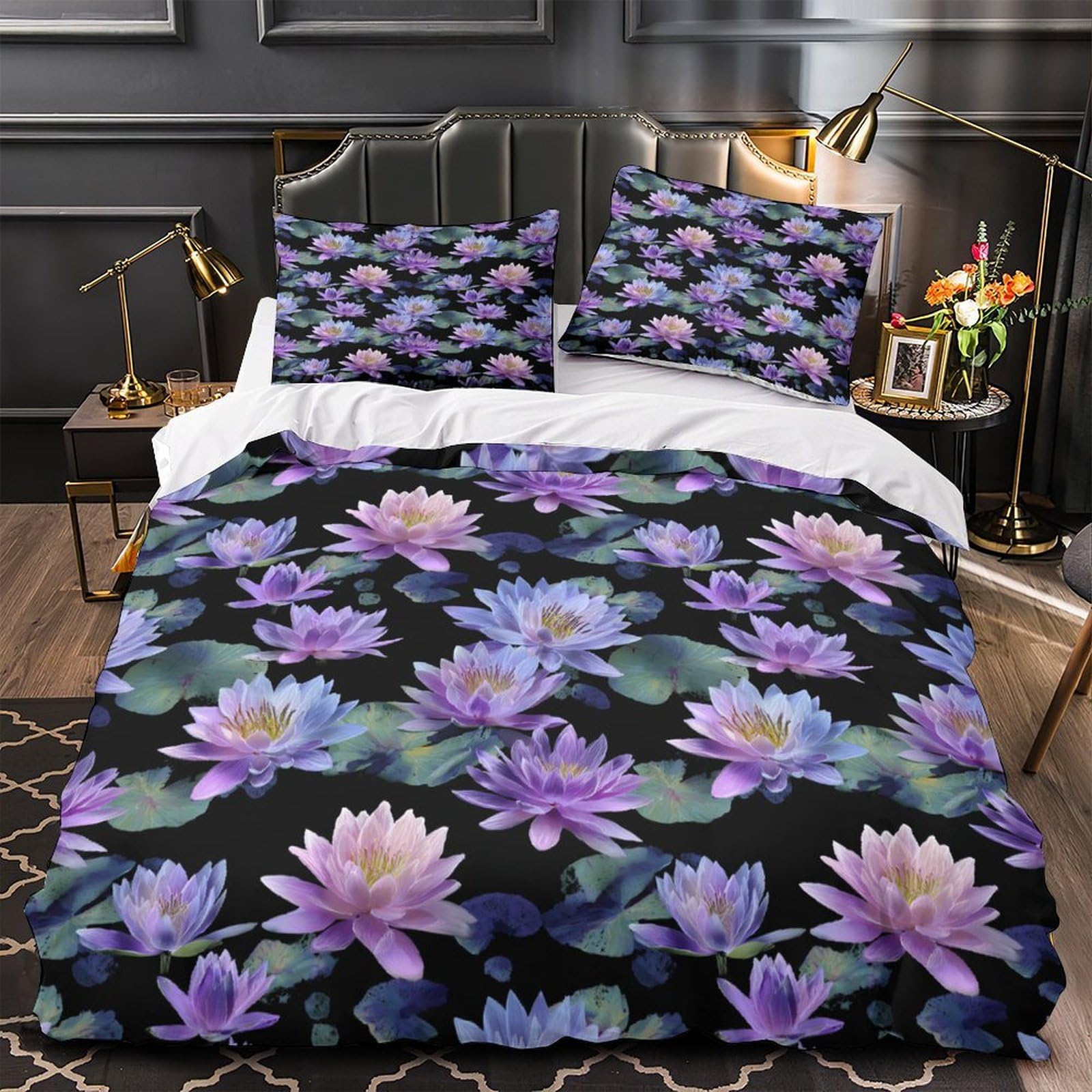 Housse de couette lotus violet hypoallergénique et douce avec zip 135x200