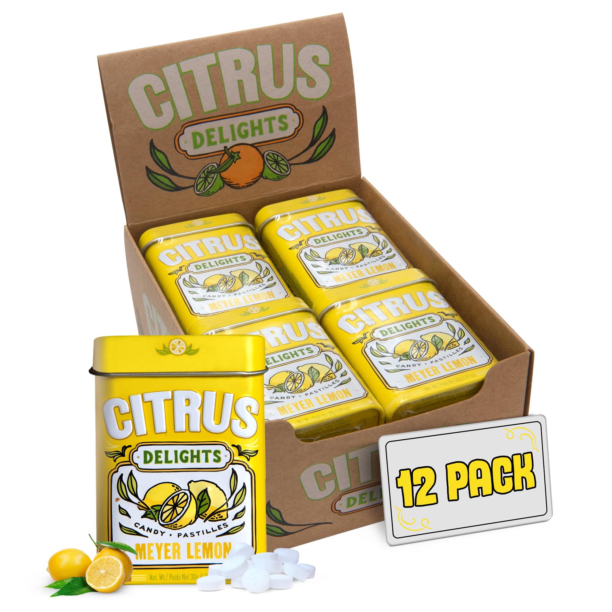 Citrus Delights Meyer Lemon Candy | Natural Ingredients, No Artificial Colors or Flavors | Kosher Certified, Vegan, Gluten Free | Aspartame & Xylitol Free | 30 Count Tin (Pack of 12)