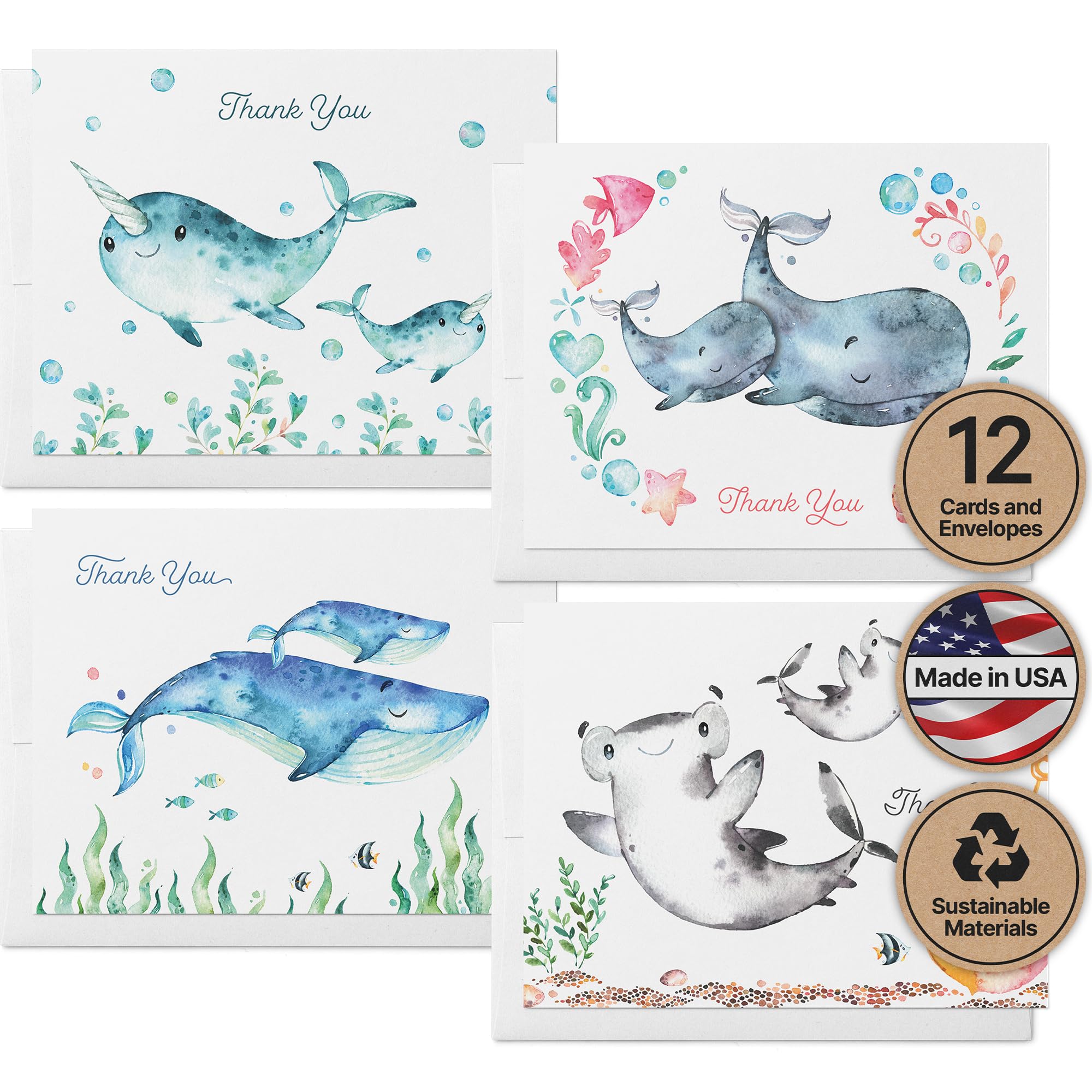 Twigs Paper Baby Shower Thank You Cards, 12 Ocean Watercolor Note Cards