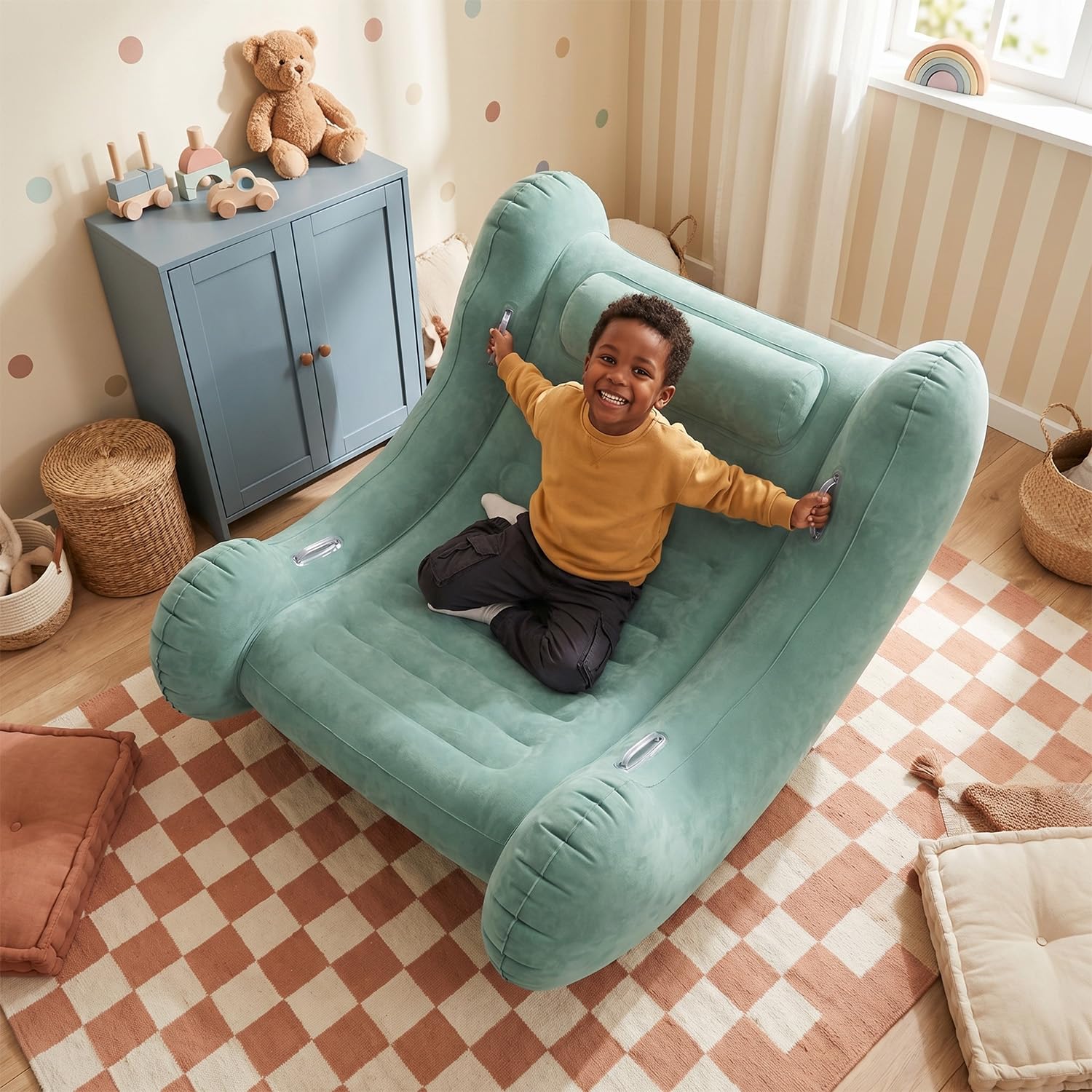 KiddyMoon Sedia Sensoriale Gonfiabile A Dondolo per Bambini con Pompa E Manici, Salvia,L