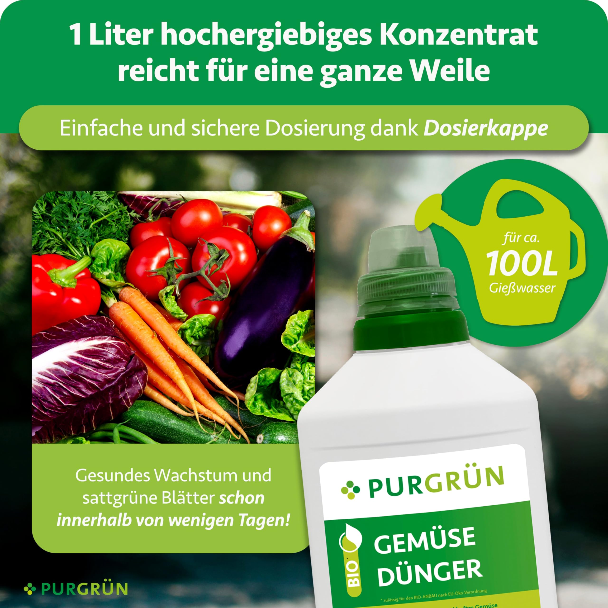 Bio-Gemüsedünger 1 Liter – Hoher Ertrag dank extra Phosphor – Bio & Vegan – Premium-Flüssigdünger – Ohne tierische Inhaltsstoffe – Ergiebiges Konzentrat für 100 Liter Wasser