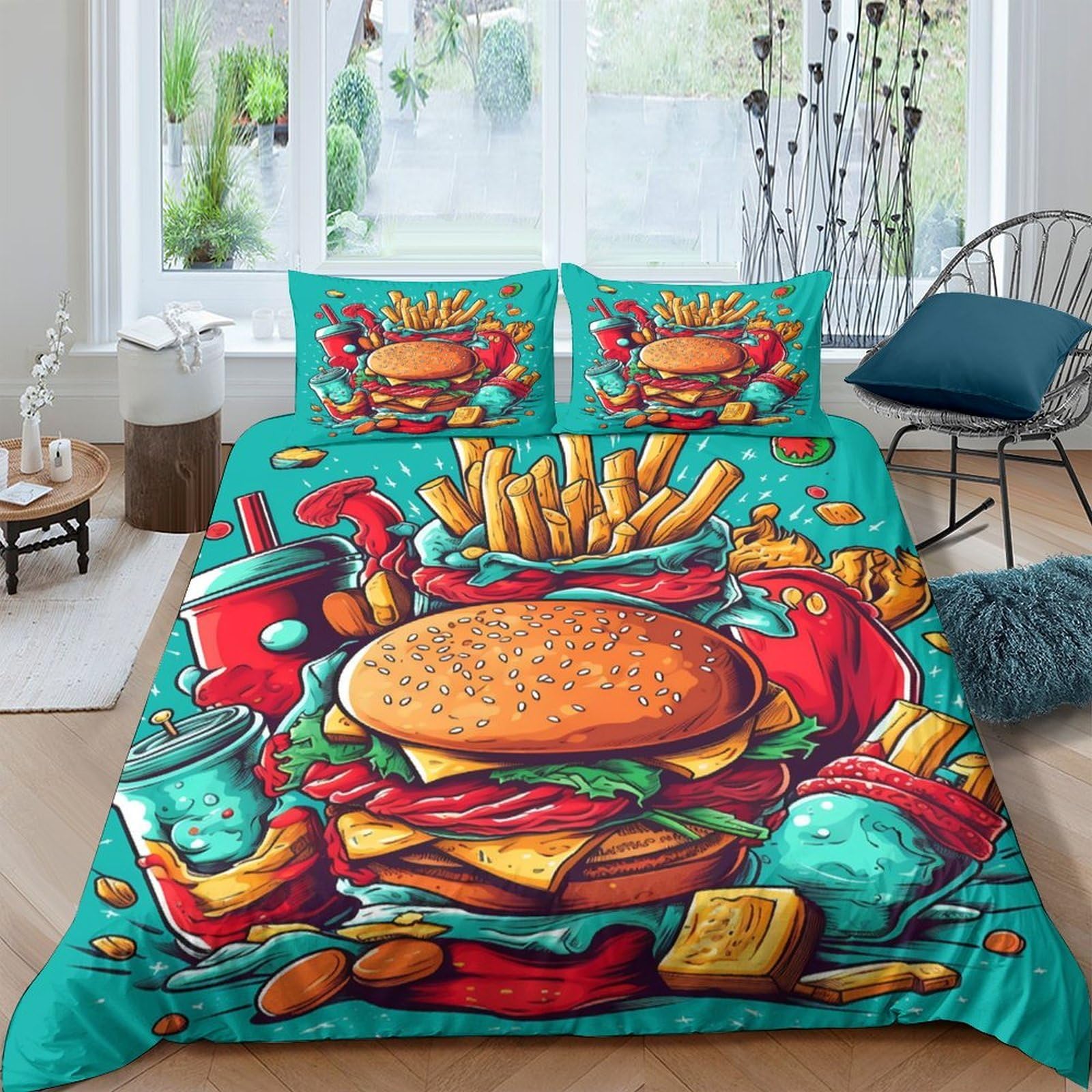 Ctjqhvkz Style-2 3D Printed Burger Fries Fitted Sheet Microfiber Soft Breathable Soda Snacks Bed Cover For Bedroom Dorm Decoration Single（135X200cm）