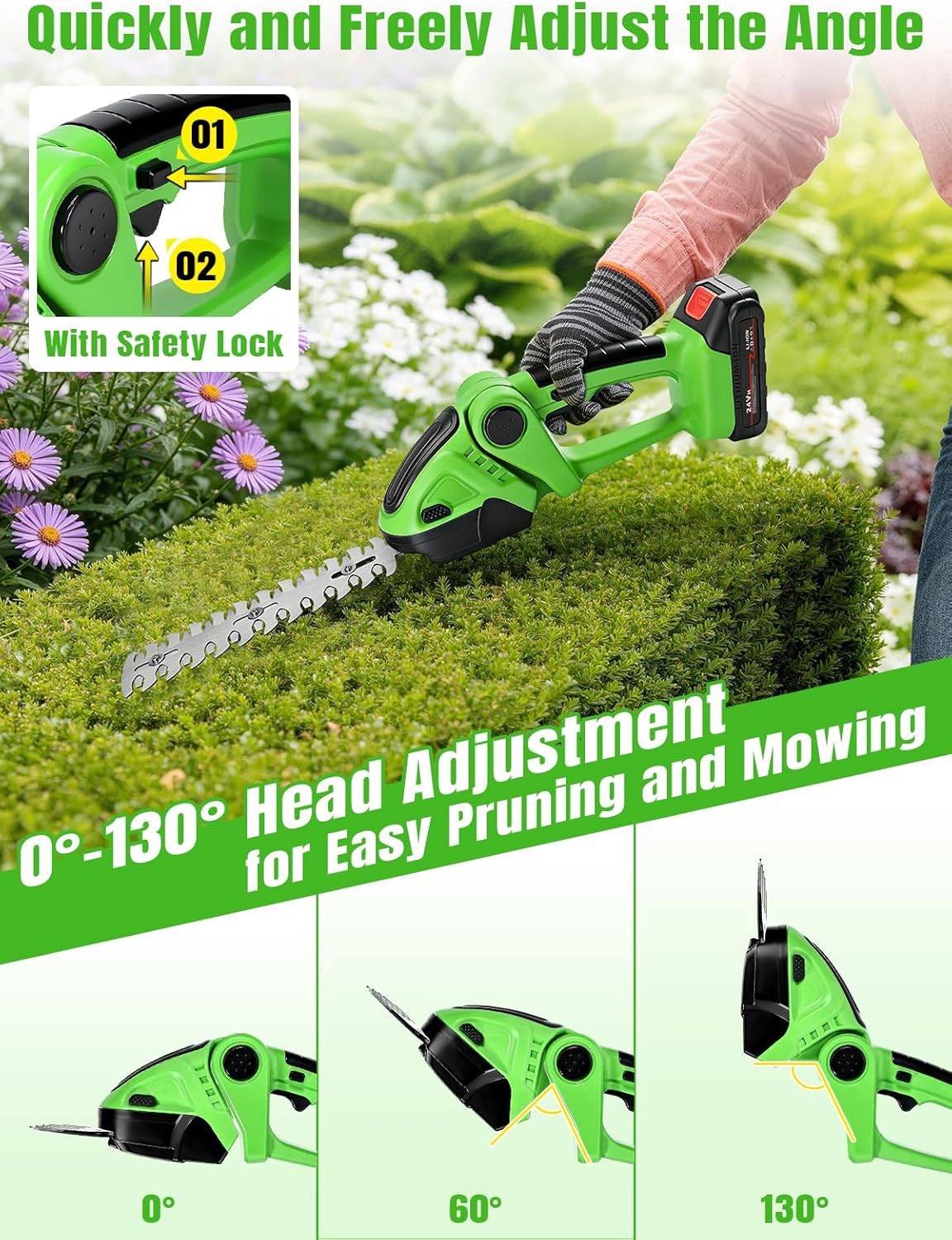 Electric Hedge Trimmer Cordless，2-in-1 2000RPM Handheld Hedge Shears Grass Cutter with 2 Rechargeable Battery and Charger, Shrub Bush Trimmer Grass Shears Gardening Tools for Yard, Lawn (Green)
