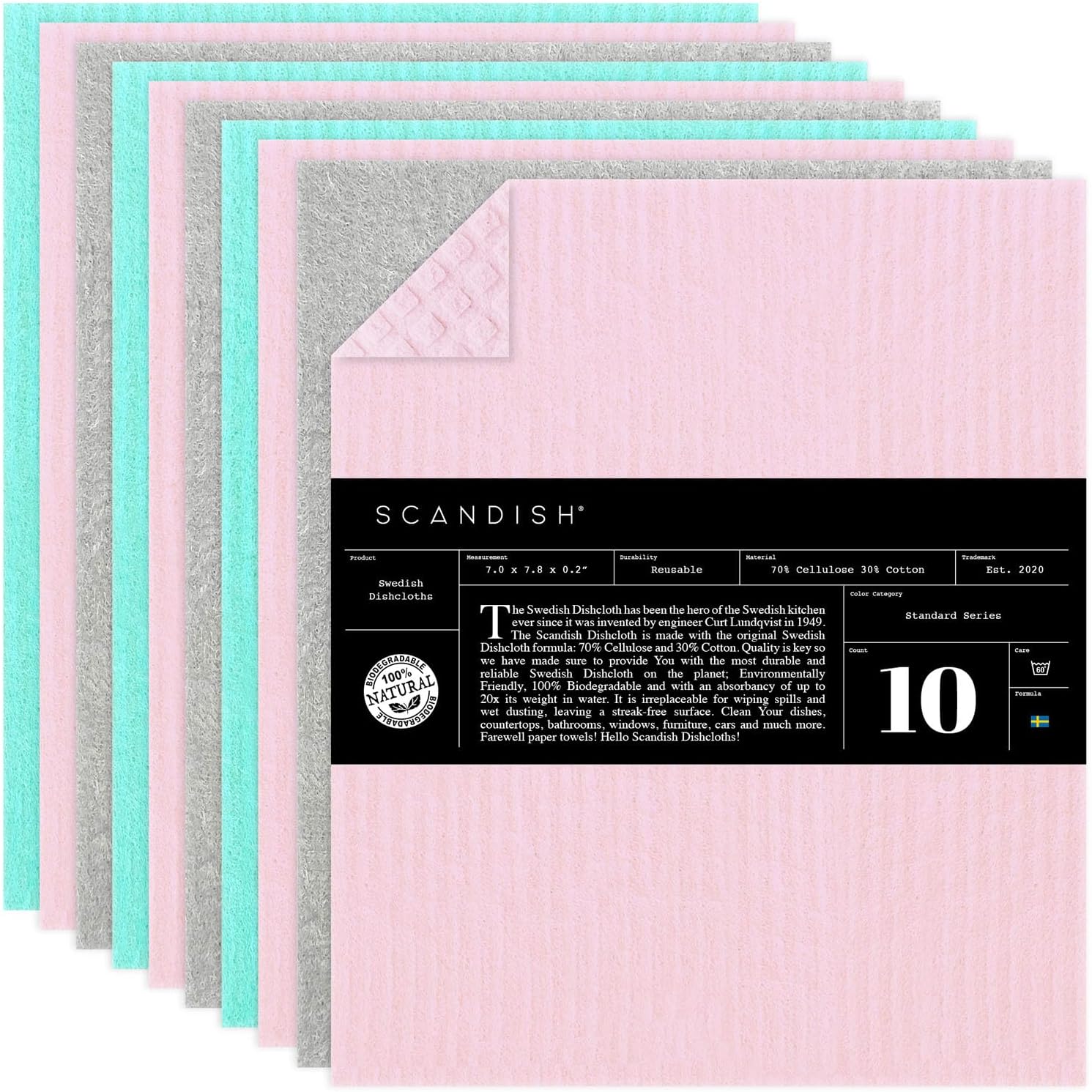 Swedish Dishcloths for Kitchen – 10-Pack Pink, Gray & Aqua Green – Original Swedish Dish Towels – Cellulose Sponge Cloths – Reusable Paper Towels