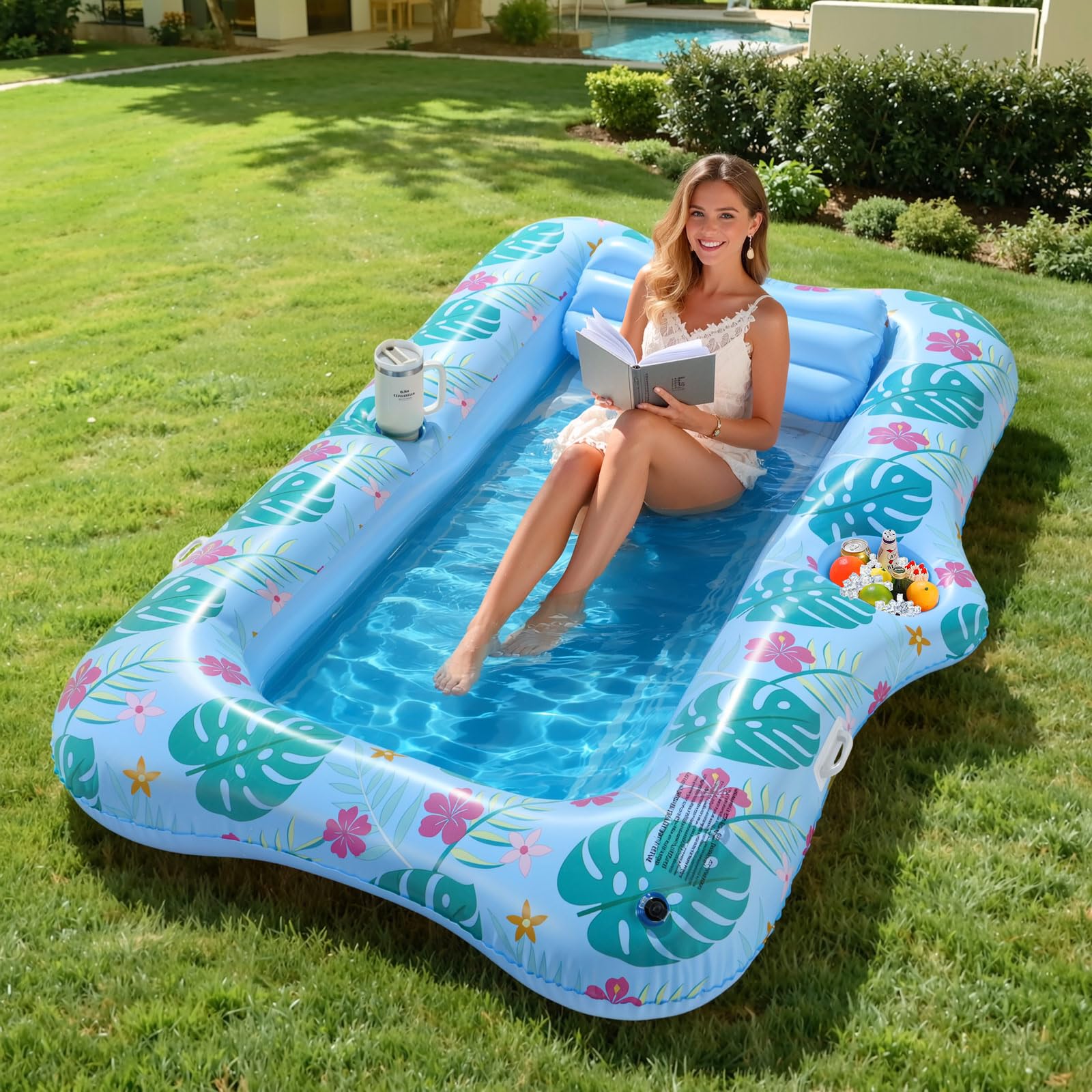 MoKo Pool Floats Adult, 82" x 50" Large Floating Bed with Ice Bar, Tanning Bed Pool Raft Inflatable Lounger with Drink Holder Tanning Chair Inflatable Pool Toys for Party Beach, Light Blue&Color Print — image 1