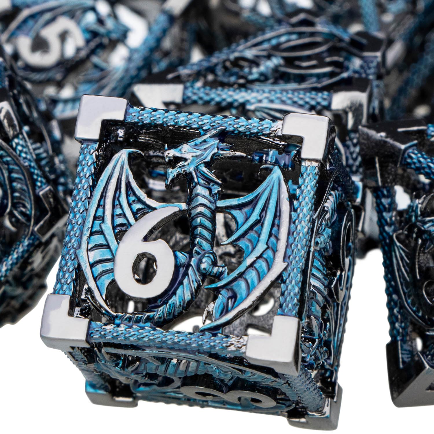 ARUOHHA Hollow DND Metal Dice Set Black Blue Dragons D and D Dice with Gift Box, Role Playing Games Dungeons Polyhedral Dice D20 D12 D10 D8 D6 D4