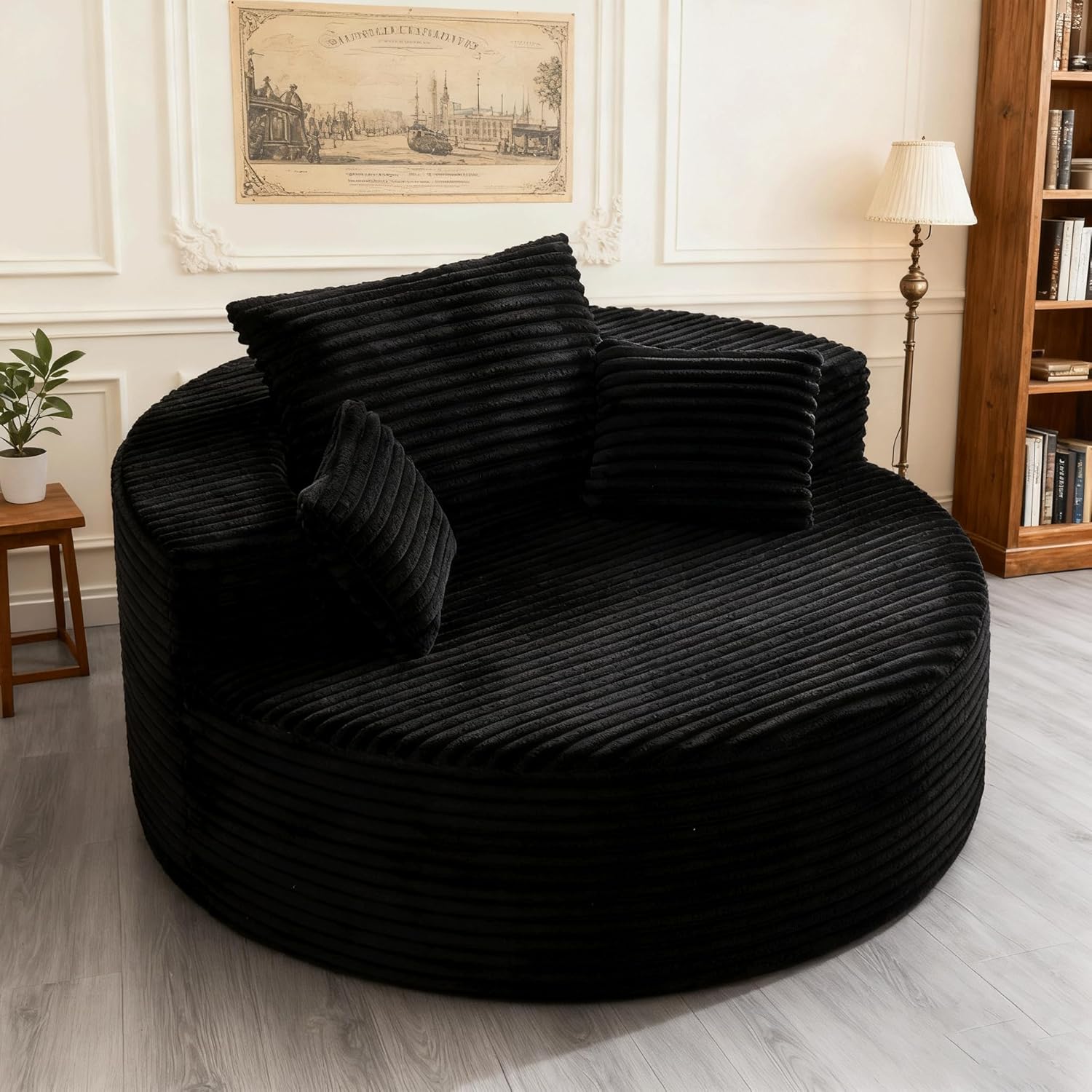 Boneless Couch, Modern Oversized Round Lounge Chair with 3 Pillows, Corduroy Fabric Accent Chair for Living Room, Bedroom, No Assembly Required, 2.5mm Black