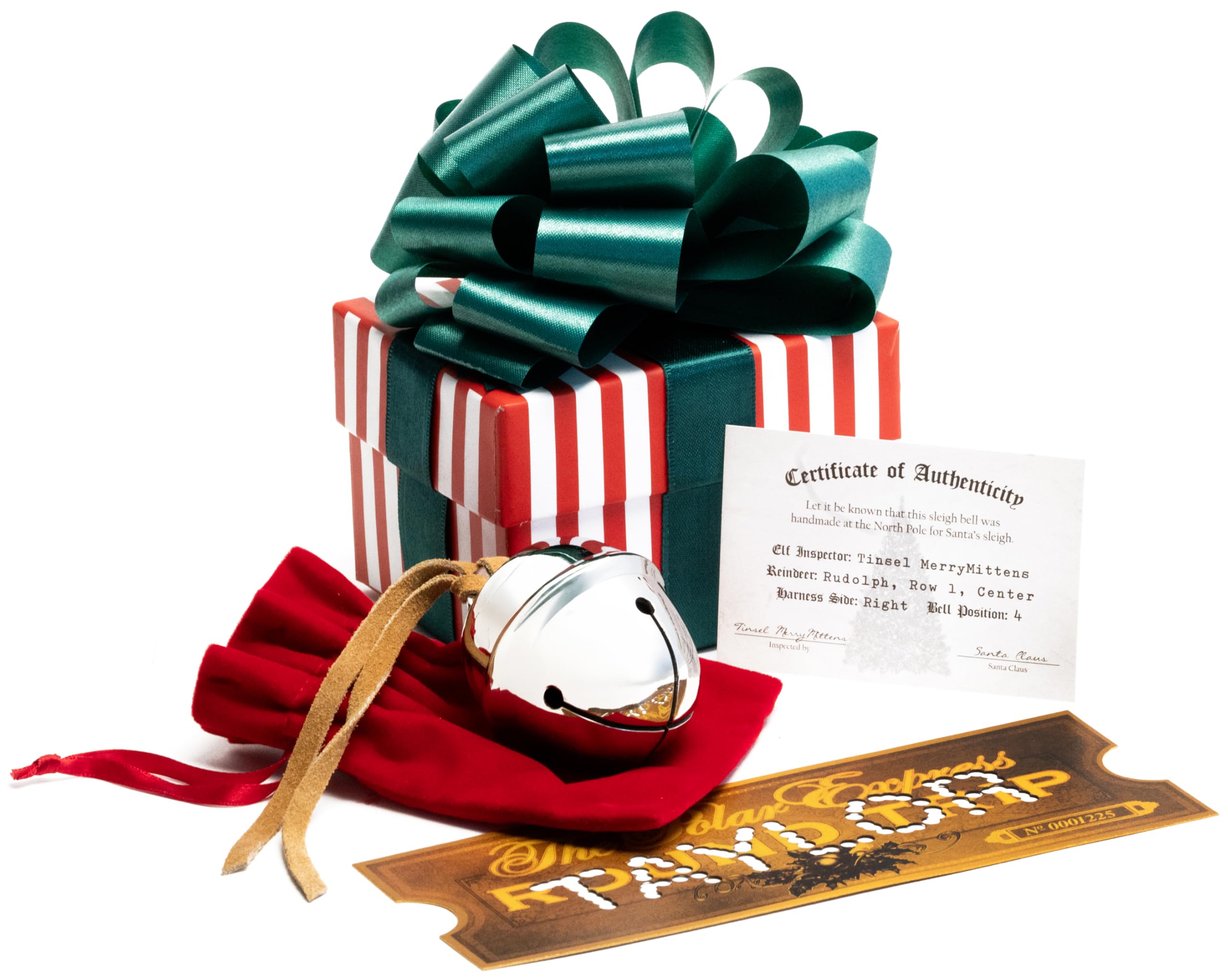 Polar Exp Sleigh Bell Gift Set with Personalized Replica Ticket. Certificate of Authenticity is Included. Option to Upgrade to Customized Certificate of Authenticity Now Available