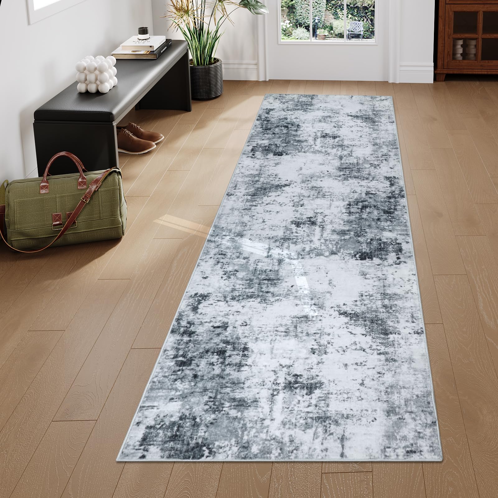 Homcomodar Hallway Runner Non Slip 65x240cm Abstract Grey Hall Runner Washable Carpet Runners for Entryway Kitchen Bedroom Launtry Besides โ image 1