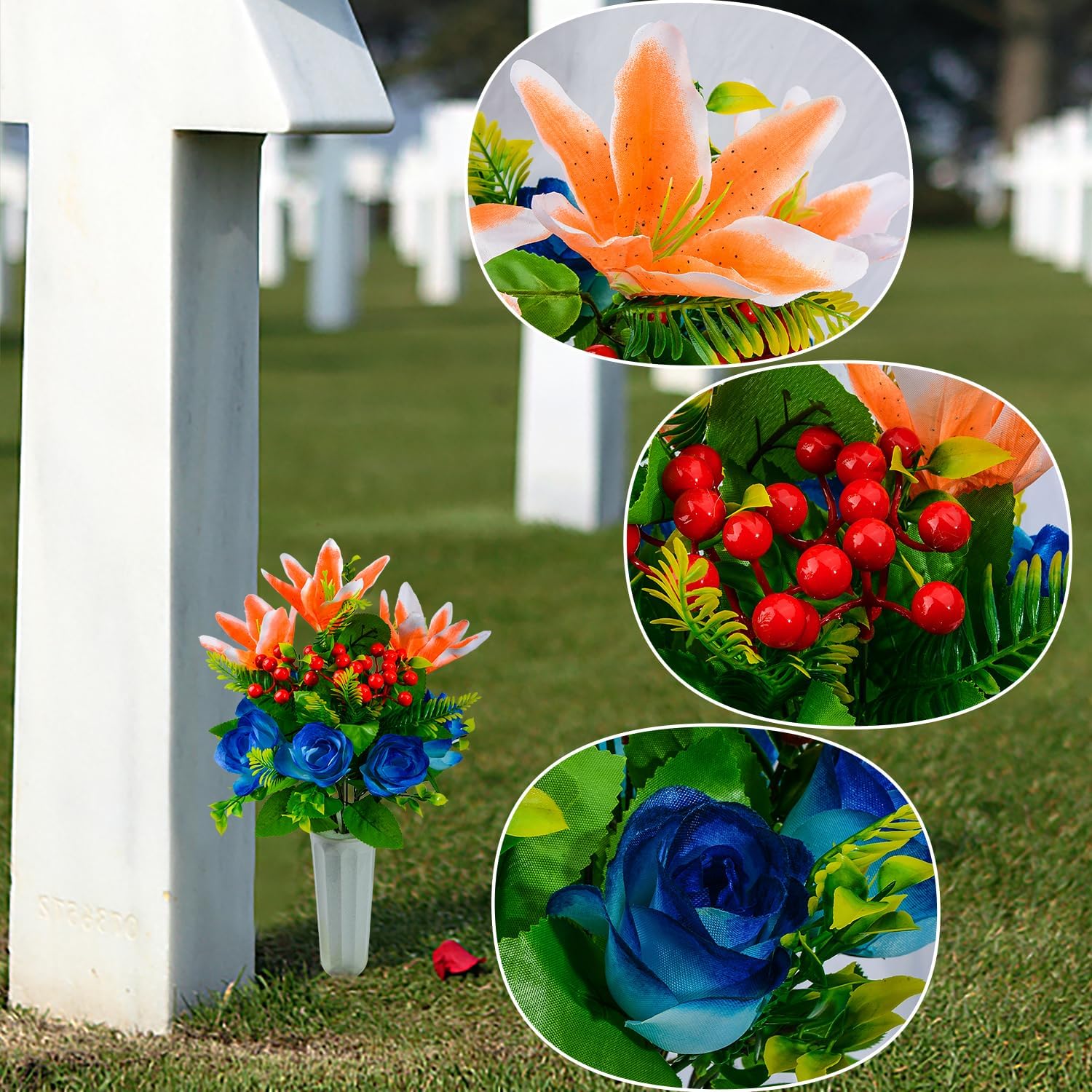 XONOR Artificial Cemetery Flowers for Grave, Set of 4 Artificial Flowers Bouquet Memorial Flowers with Vase for Outdoor Cemetery Headstones Graveyard Gravestone Decoration (Blue&Orange-4Pcs)