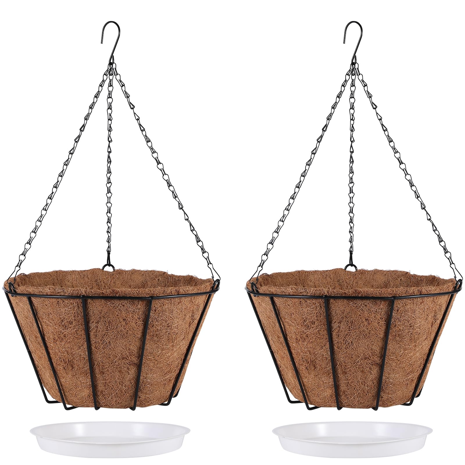 Hiromeqi 12 Inch Metal Hanging Planter Basket, Hanging Planters for Outdoor Plants, with Coco Liner Pot & Water Storage Tray - with Black Chain, Hanging Baskets for Plants Outdoor (2 Pack)