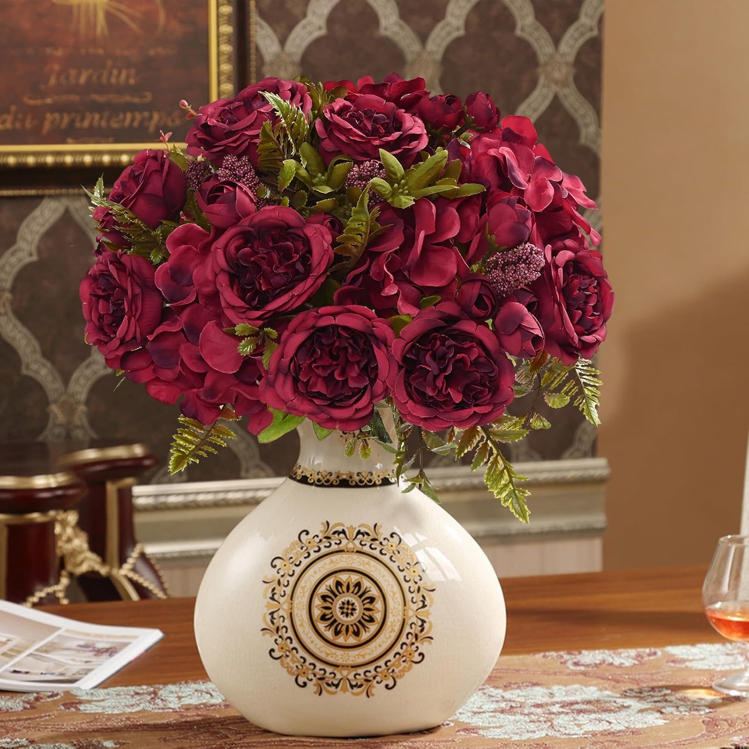 MARTINE MALL 4 Packs Peonies Artificial Flowers, Burgundy Artificial Peonies, Silk Peonies Flowers Fake Peonies Artificial Flowers Peonies Bouquet for Halloween Centerpiece Table Wedding Home Decor - Image 8