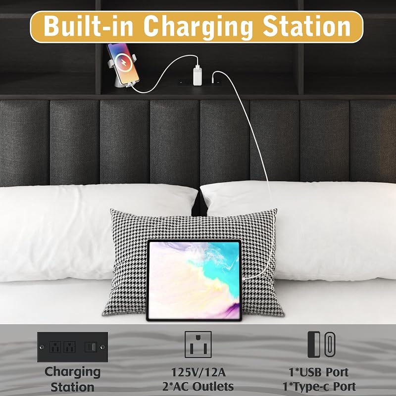 Lifezone Queen Bed Frame with Headboard, Queen Bed Frame with High Storage Bookcase Headboard, 4 Storage Drawers & Charging Station, No Box Spring Needed/Noise Free/All-Metal Support, Rustic Grey image 6